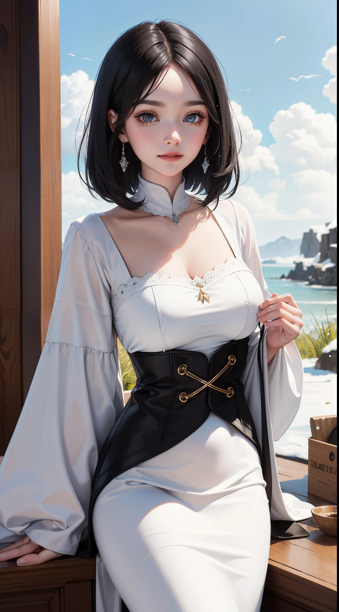 (masterpiece) 8K resolution, snow white, beauty, black bob hair, gentle smile, fantasy style,