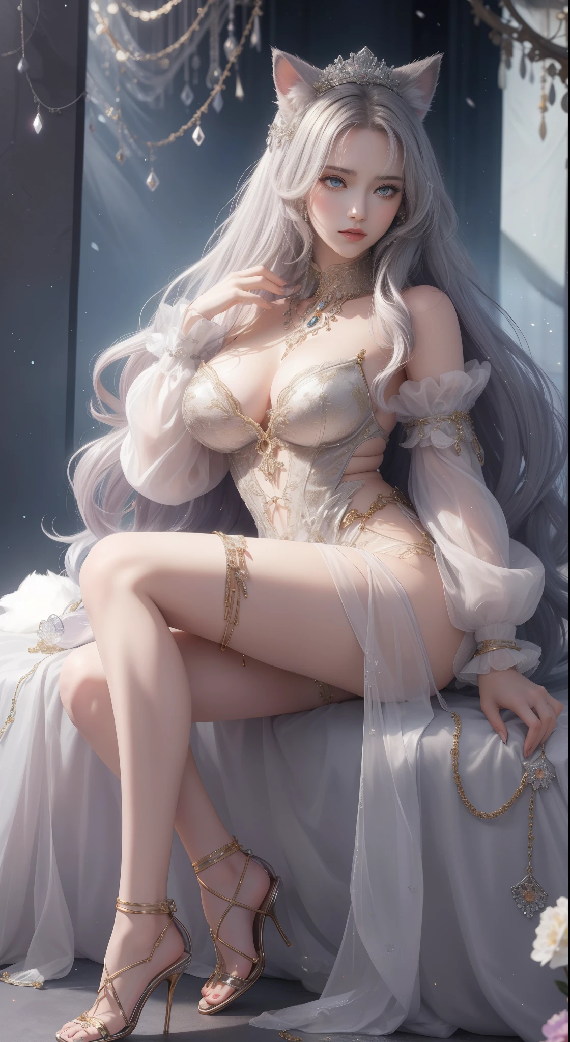 tmasterpiece,Highest image quality,Beautiful bust of the noble cat queen,cat ear,Cat tail delicate silver hairstyle,Clear golden eyes,A dazzling array of intricate jewelery adorns the chunky, Plush clothes。Plush clothing,Leather heels,Ultra-detailed details,advanced。At the Pixiv Art Station,Break your own power,,The kinky exposed,R-18G