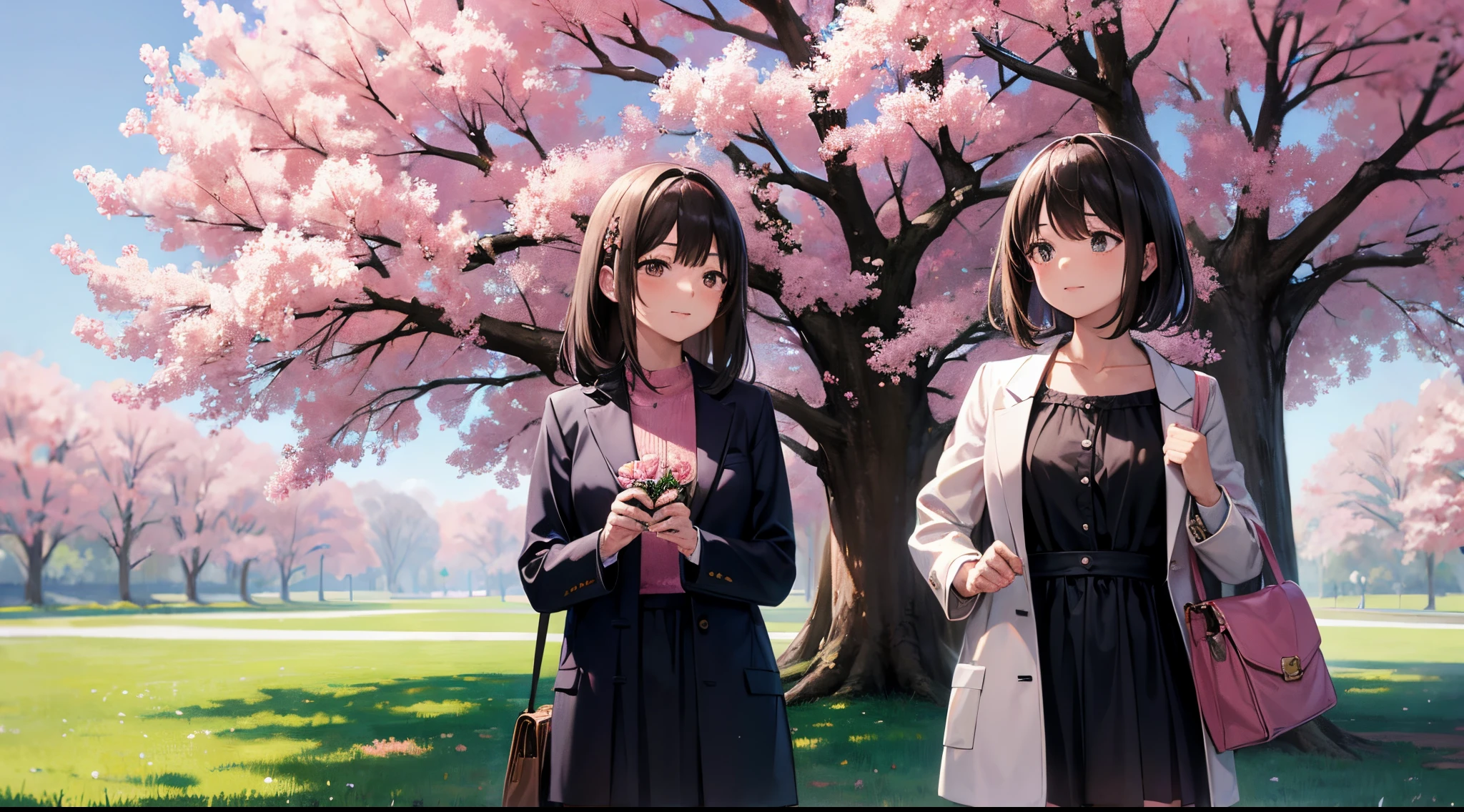 They are in front of a tree with pink flowers, a sunny afternoon