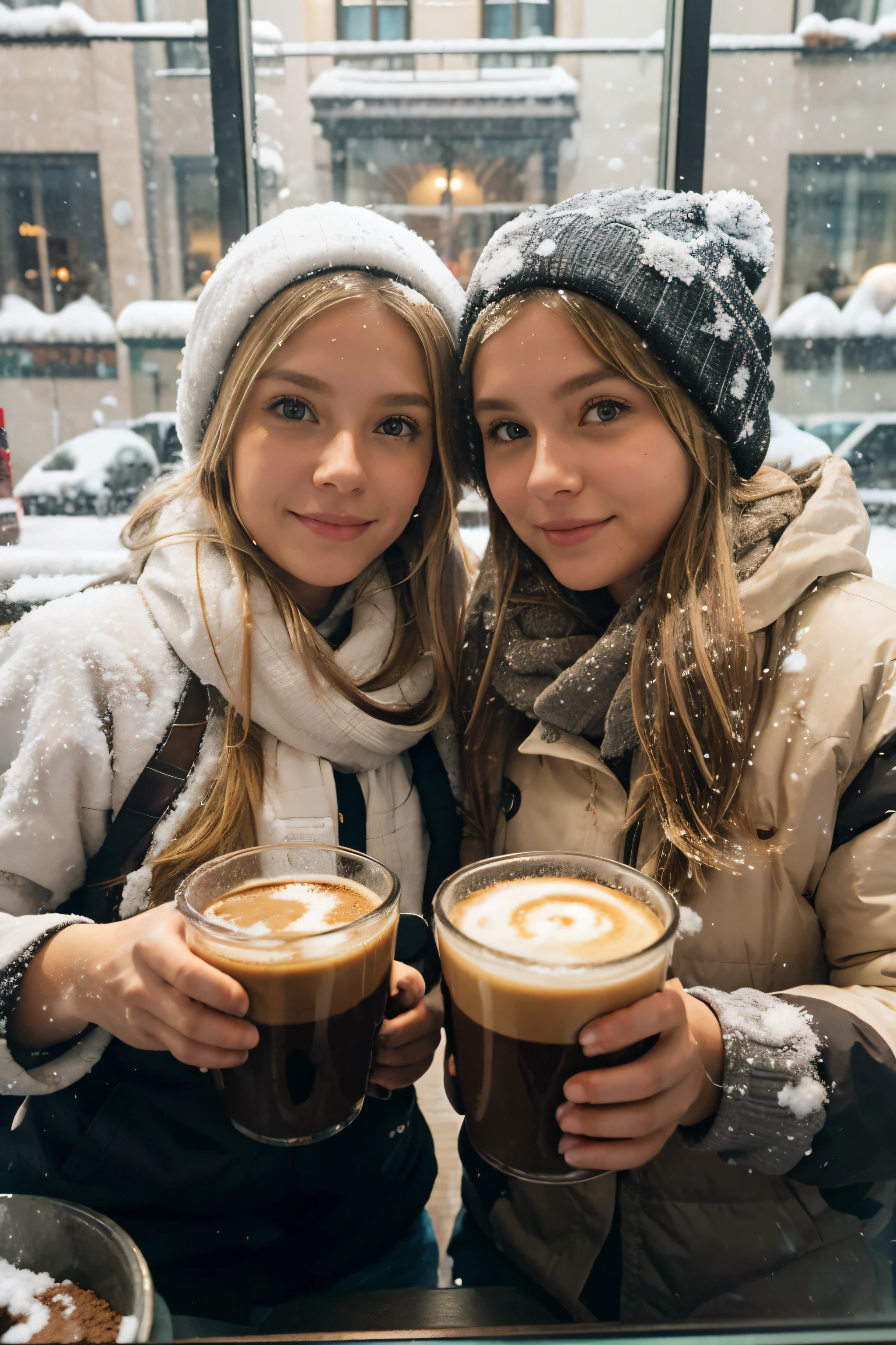 1 blonde girl awith 1 brunette dark brown hair girl on the coffe inside and in the window outside gonna be snow city street