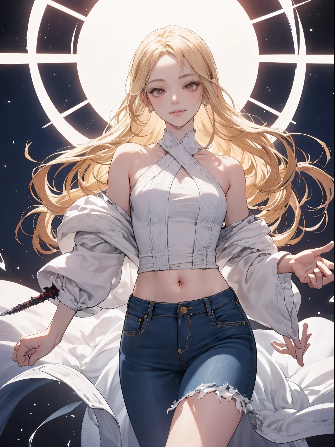 (tmasterpiece), ((Best quality)), (ultra - detailed), ((very delicate beautiful)), (Incredibly ridiculous))), (perfect body figure))), 1 girl, Glowing white particles, struggle, fail_The sword, blond hair bob, red eyes, Seventeen years old, external, sky sky, whole body aura, The large, White tattered dress, shoulder, Small smile, bigger + Background with, ventania, Perfect hands, Hand detail, Modify your fingers. ear nipple ring, lookingat_show on_Peek at viewers, Denim lenses, Rich details, perfect image quality