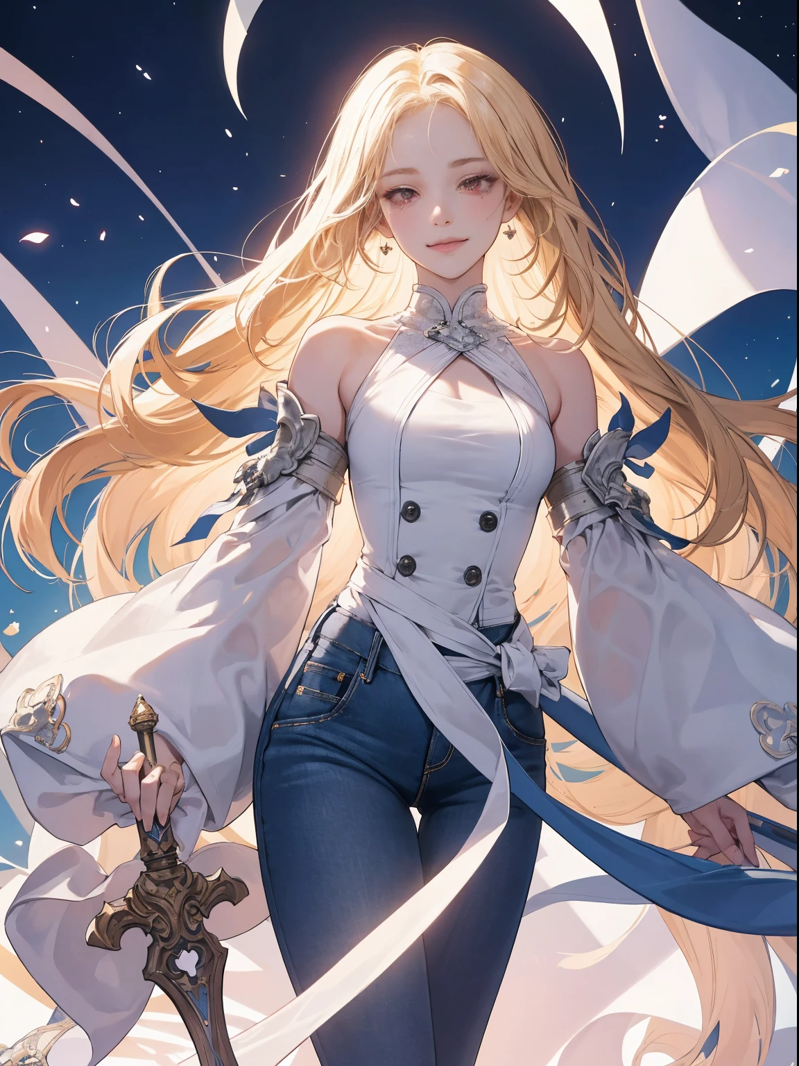 (tmasterpiece), ((Best quality)), (ultra - detailed), ((very delicate beautiful)), (Incredibly ridiculous))), (perfect body figure))), 1 girl, Glowing white particles, struggle, fail_The sword, blond hair bob, red eyes, Seventeen years old, external, sky sky, whole body aura, The large, White tattered dress, shoulder, Small smile, bigger + Background with, ventania, Perfect hands, Hand detail, Modify your fingers. ear nipple ring, lookingat_show on_Peek at viewers, Denim lenses, Rich details, perfect image quality