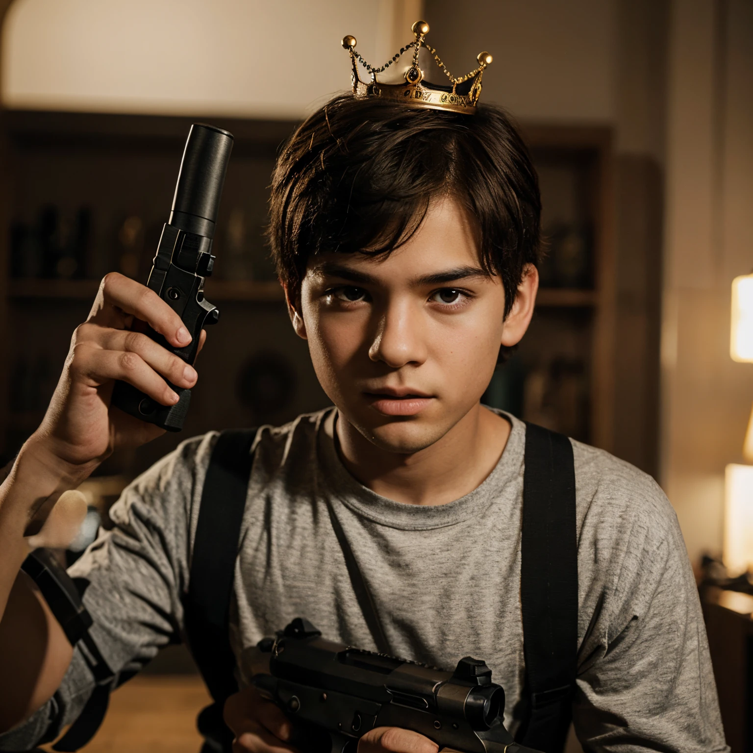 A boy with a gun with Crown in