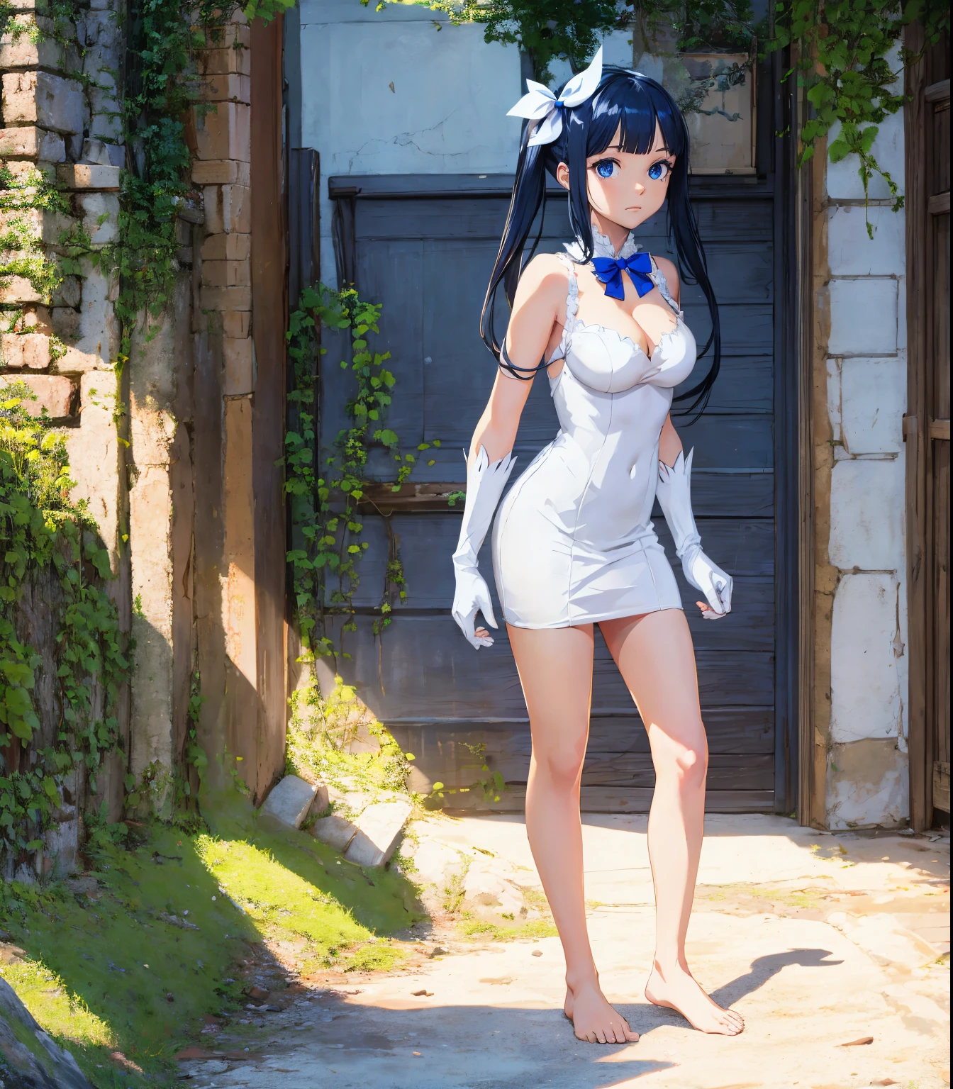 danmachihestia, hestia, blue eyes, black hair, twintails, 
BREAK barefoot, blue bow, blue bowtie, bow, bowtie, cleavage, cleavage cutout, clothing cutout, dress, gloves, pencil dress, rei no himo, short dress, white dress, white gloves,
BREAK looking at viewer,
BREAK outdoors, city,
BREAK masterpiece, best quality, best illustration, HDR, beautiful details, intricate details, detailed scenery, dramatic light, best shadow, (full body shot), (1girl),