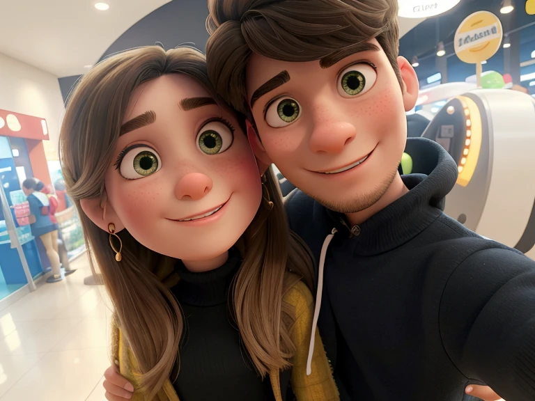 There's a man and a woman taking a selfie in a shopping mall, Imagen de perfil, foto de perfil, Foto de perfil, Pareja encantadora, selfie enamorado, Mateo 9 5, imagen de muy muy muy baja calidad, they are in love, 18 years old, taken in the early 2020s, 1 6 years, Selfie de Instagram, son hermanos