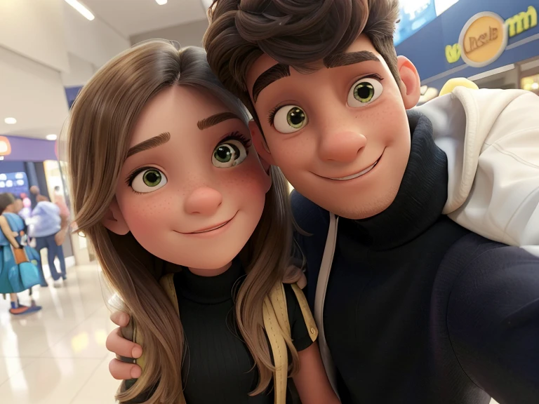 There's a man and a woman taking a selfie in a shopping mall, Imagen de perfil, foto de perfil, Foto de perfil, Pareja encantadora, selfie enamorado, Mateo 9 5, imagen de muy muy muy baja calidad, they are in love, 18 years old, taken in the early 2020s, 1 6 years, Selfie de Instagram, son hermanos