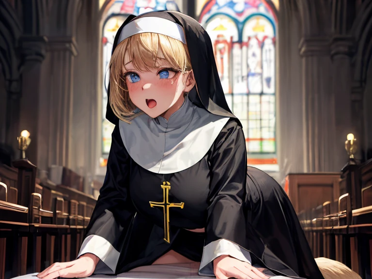 (((1 man behind girl))),(nsfw),((from front)),1 girl , boy raped girl,((doggystyle sex)),(hetero)),vaginal,sex,ahegao,beautiful detailed eyes,curvy,nun,(black simple catholic robe),short hair,bob cat,blonde hair,light blue eyes,embarrassed,church