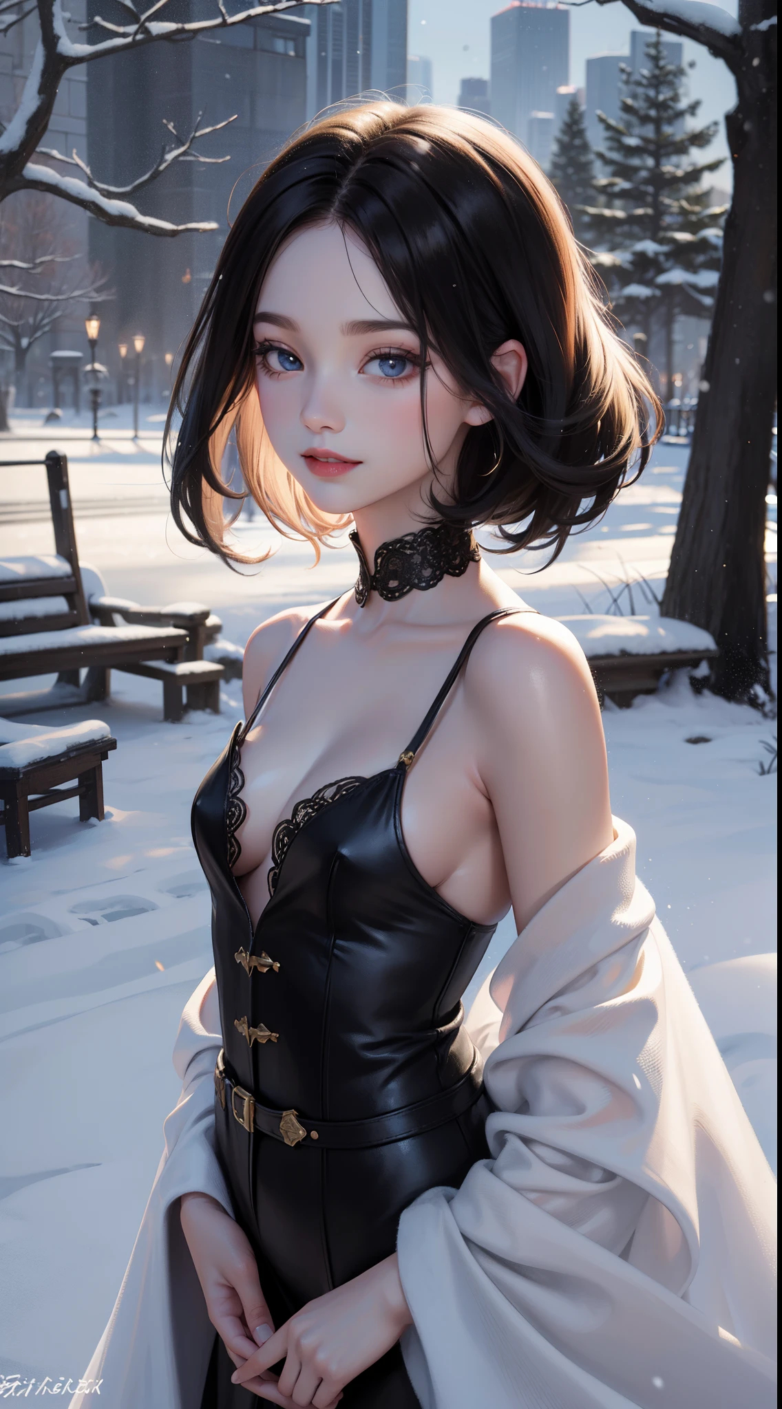 (masterpiece) 8K resolution, snow white, beauty, black bob hair, gentle smile, fantasy style,