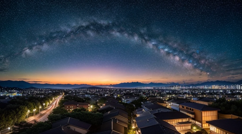 masterpiece,best quality,ultra detailed, starry night sky, school, sunset, {{japan}}, mie prifecture