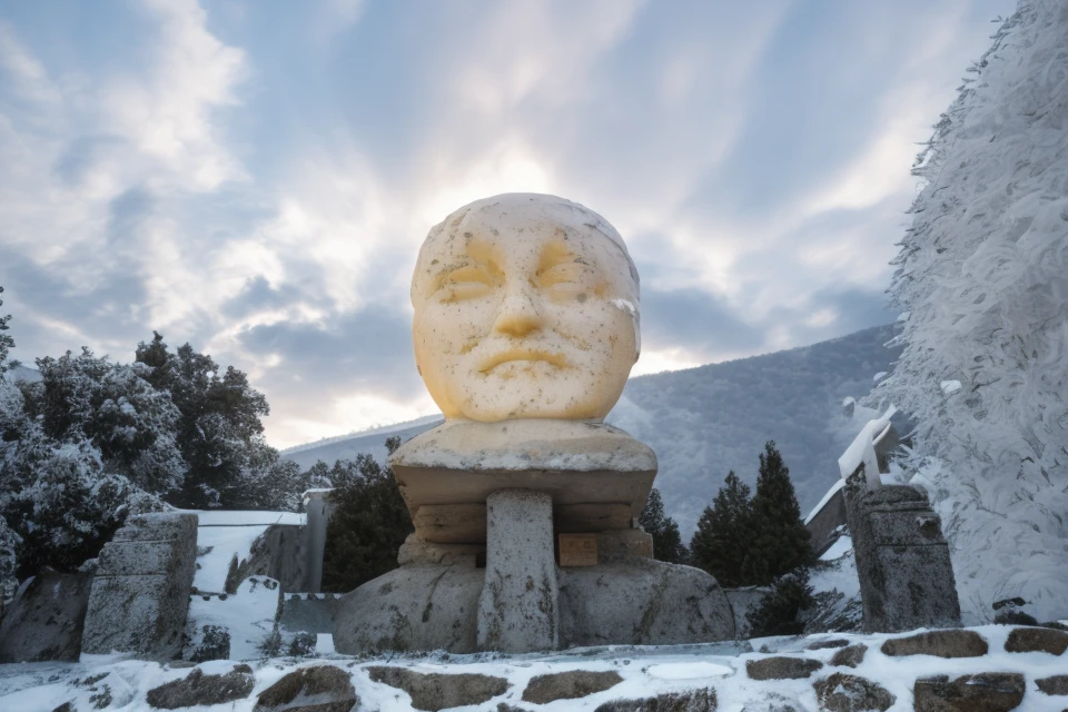 there  a stone statue of a man with a head, gigantic man's head, face de pedra, stone statue, big forhead, Ruins of giant head statue, Head of Hestiasula, escultura de pedra, Usava, Head Photo, feito de pedra velha, Stone statues, retrato centrado, Dildos de escultura, pareidolia, with a big head, manto de neve, muita neve por todo lado