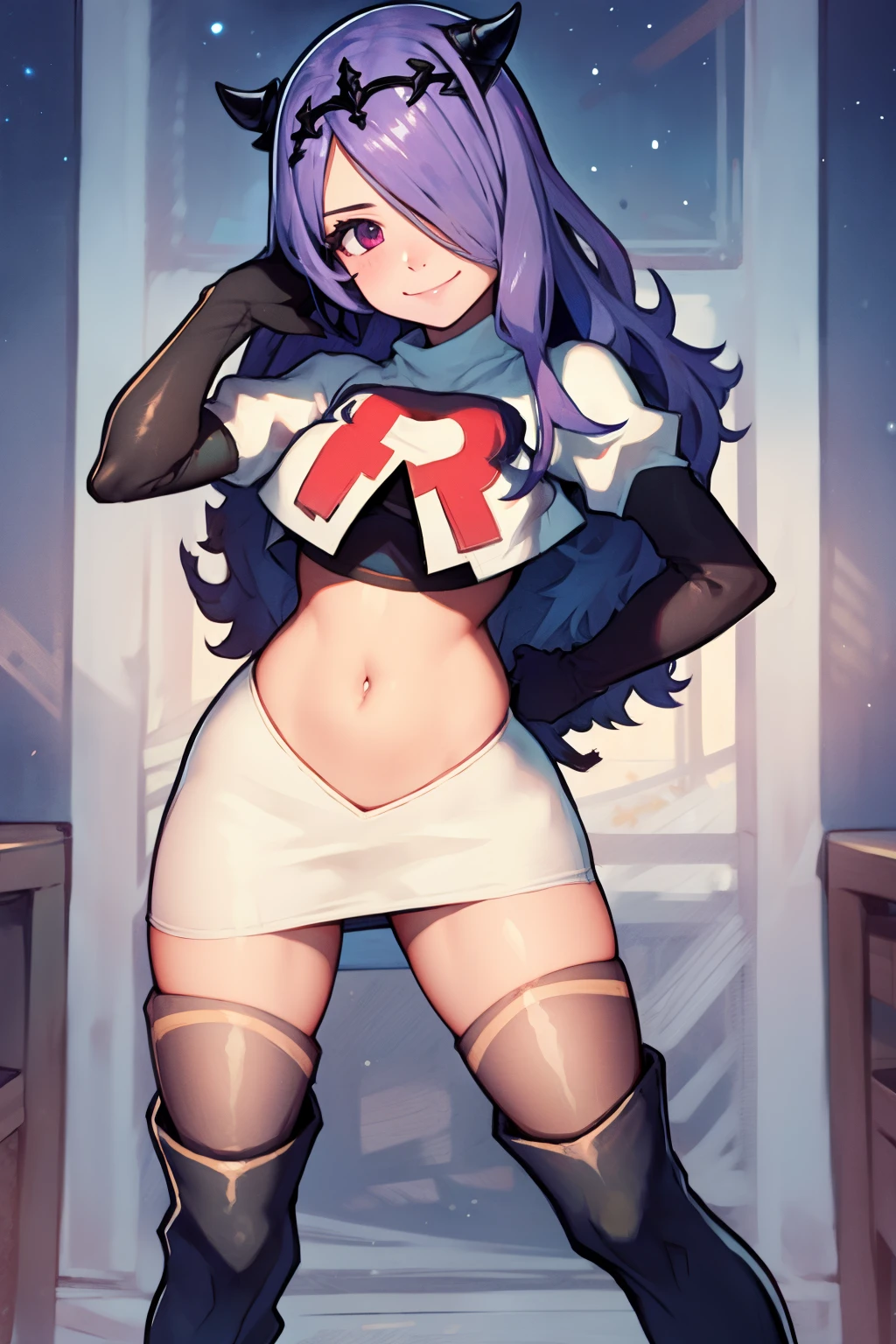 defCamilla, tiara,, team rocket uniform, red letter R, white skirt,white crop top,black thigh-high boots, black elbow gloves, smile, looking at viewer, cowboy shot, sexy pose , night sky background