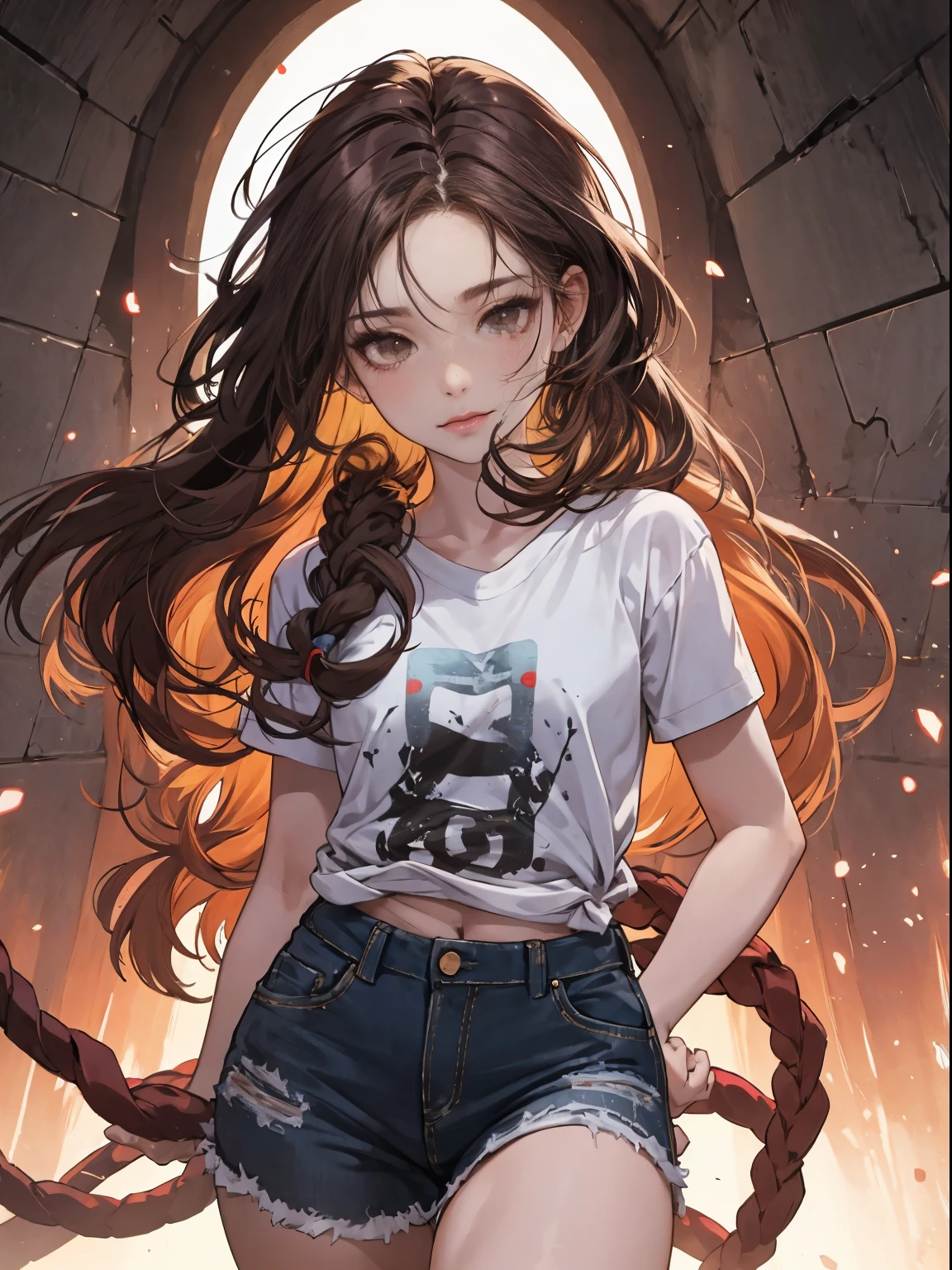 18-year-old American girl, Video game players, Wearing a translucent short T-shirt, brunette color hair, ((Be red in the face: 0.8)), Natural skin texture, 4k texture, The  very detailed, insanely details, faint colors , ((with long coiled hair)), ((A smile on your face: 0.4)), (Cap cap: 0.2), ((look straight at the camera)), ((Tilted head: 0.8 )), ((small:1)).