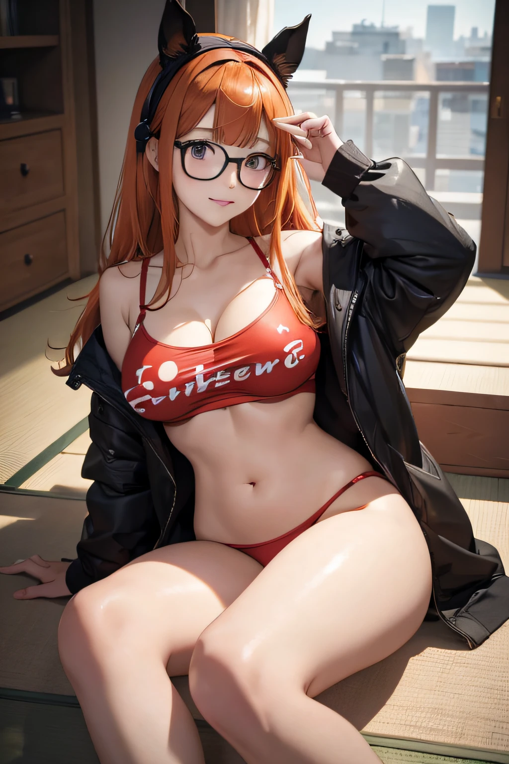 ((Marl、Horse ear headband、fake horse ears))、(lightly dressed、cleavage of the breast、full body Esbian、Beautiful legs)、(persona、futaba sakura、orange color hair、Black-rimmed glasses、Rough shirt、Lower breast、Puffy jacket、Beautiful woman painting based on a painting by Naoya Maeda)、1girl in、master piece、japanaese girl、absurderes、hight resolution、ultra-detailliert、depth of fields、masterpiece、extremely details CG、3D Photography、3D background、Unity、8K、Hi-Res、top-quality、shadowy、foco nítido、pale-skinned、A detailed eye、blurry backround、dynamic ungle、Exaggeration of gloss、best super feat、a closed mouth、Look at viewers、cute smile face、Red cheeks、superclear