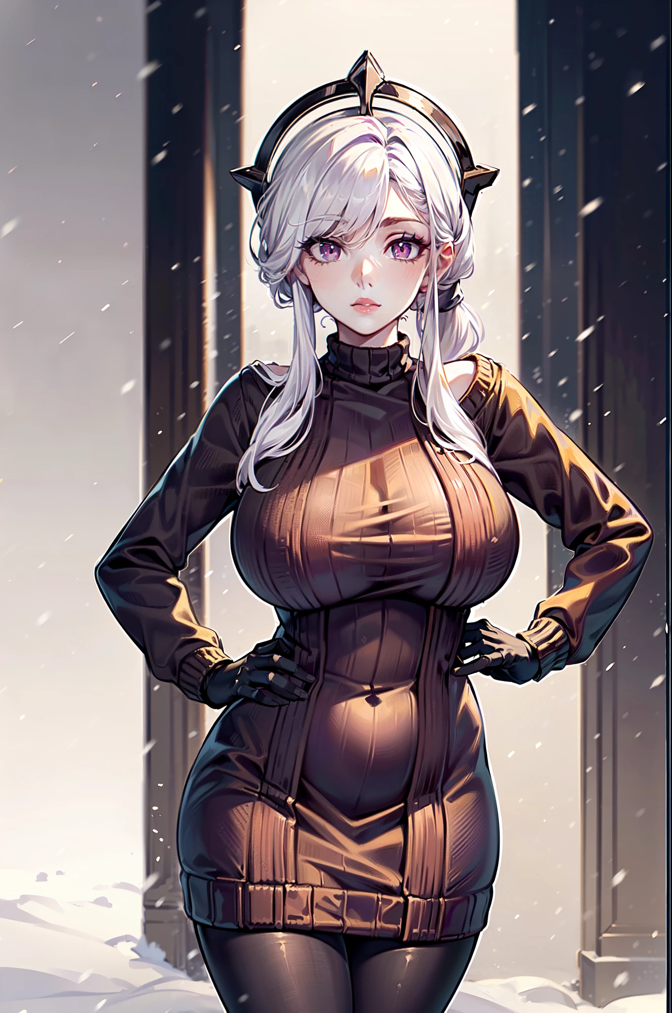 masterpiece, best quality, extremely detailed, 1girl, mature female solo, leona, (huge breasts:1.3), (((white hair, long hair, ponytail, crossed bangs, purple eyes, slit pupils))), parted lips, (((sweater dress, black gloves, black pantyhose))), ((:), closed mouth), ((hands on own hips, shrine, winter, snowing))