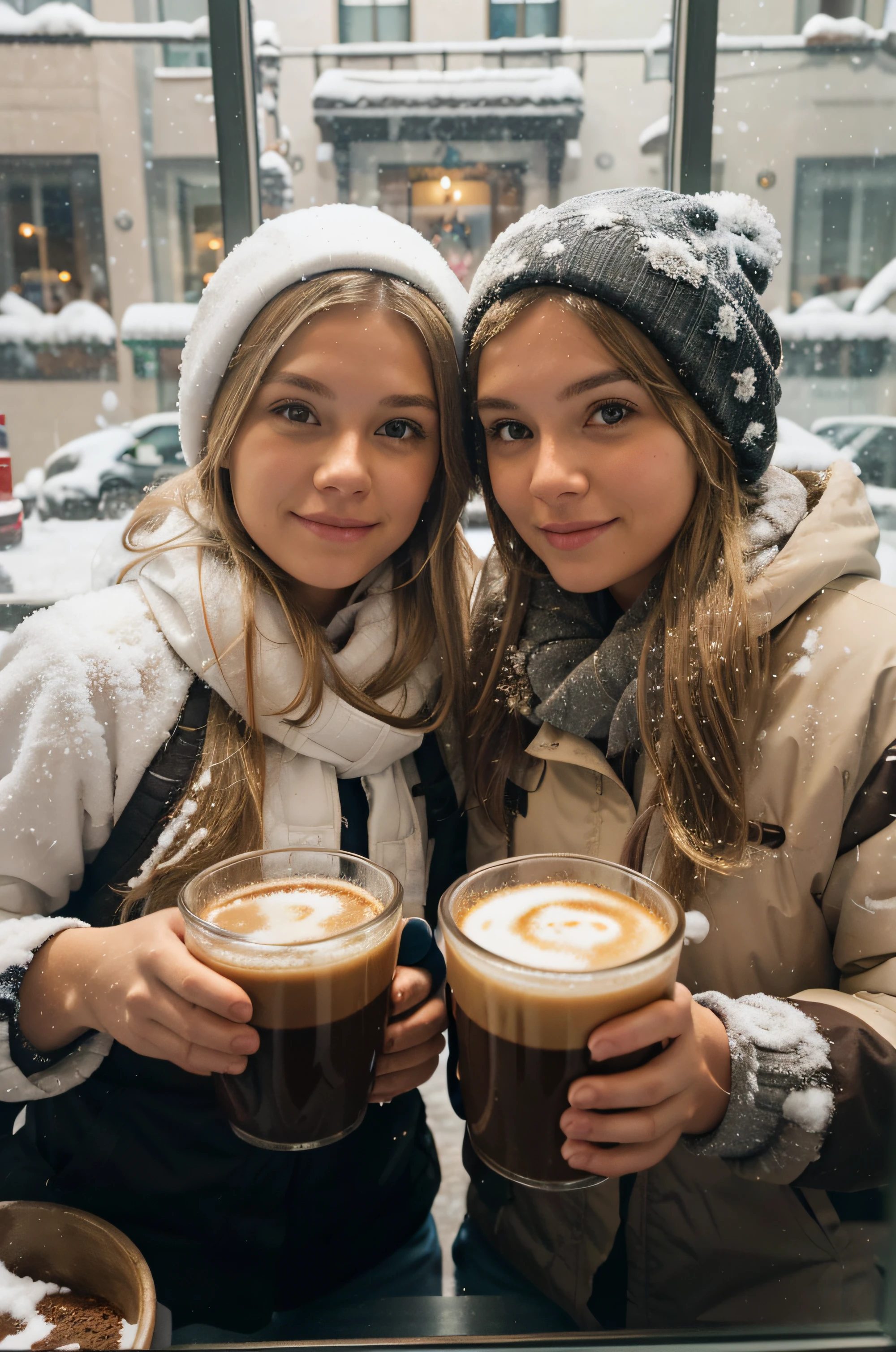 1 blonde girl awith 1 brunette dark brown hair girl on the coffe inside and in the window outside gonna be snow city street