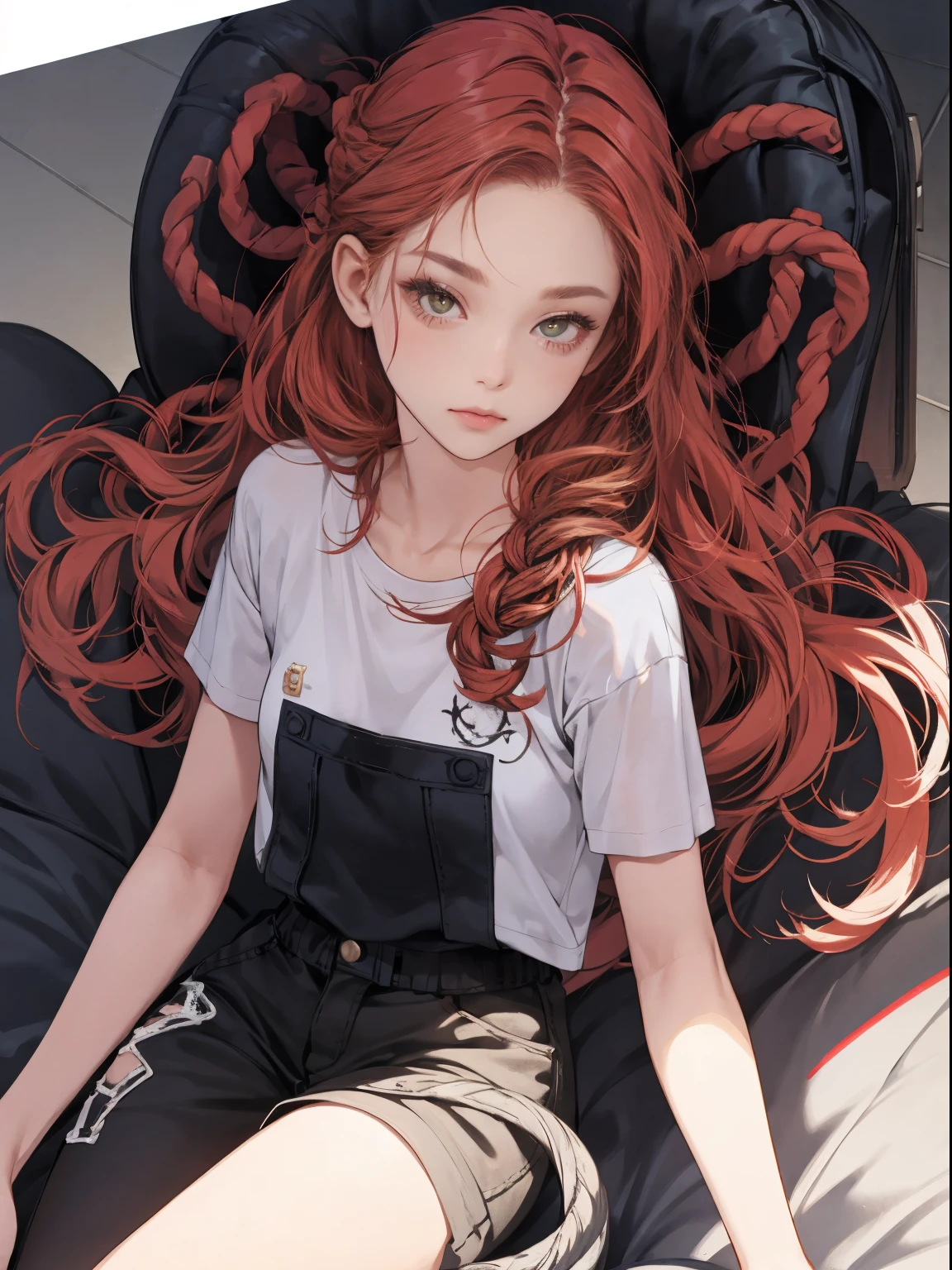 18-year-old American girl, Video game players, Wearing a translucent short T-shirt, brunette color hair, ((Be red in the face: 0.8)), Natural skin texture, 4k texture, The very detailed, insanely details, faint colors , ((with long coiled hair)), ((A smile on your face: 0.4)), (Cap cap: 0.2), ((look straight at the camera)), ((Tilted head: 0.8 )), ((small:1)).