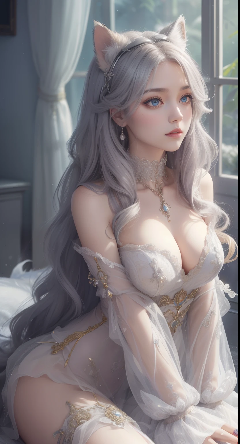 tmasterpiece，Highest image quality，Beautiful bust of the noble cat queen，cat ear，Cat tail delicate silver hairstyle，Clear golden eyes，A dazzling array of intricate jewelery adorns the chunky, Plush clothes。Plush clothing，Ultra-detailed details，advanced。At the Pixiv Art Station，Break your own power，，The kinky  exposed，R-18G