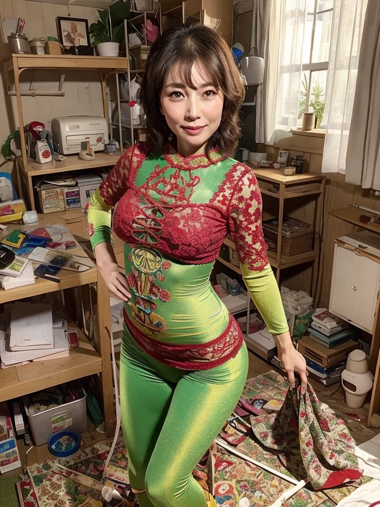 (Top image quality、top-quality、Top resolution、masterpiece)、a matural female、45 yers old、being thin、no-makeup、(Wearing gold and red lace underwear)、(stand up and wiggle your body:1.5)、(Old house)、Jumbled background、 (Messy room:1.5)、Colorful underwear, cosmetics, photos, and dolls are scattered around.