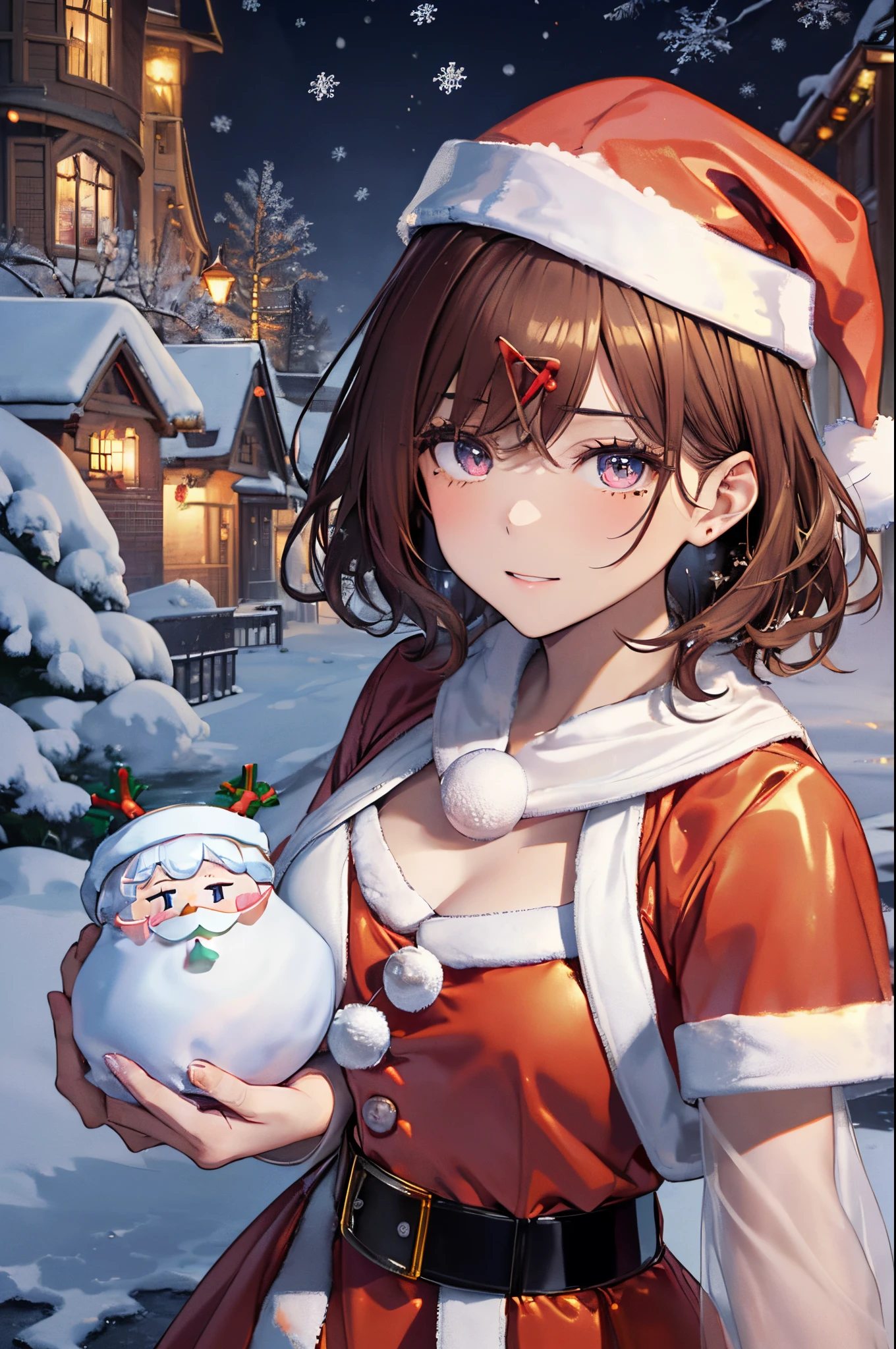 nightcity、santa costume、1 person, santa hat, Discreet, holding a christmas gift box, Birth of Christmas gift box, snowfall, Solo, ⓪Action:blush one's cheeks red、Leaning forward、White breath、Reflecting the whole body ① Quality:(1girl), (best quality:1.3), (masterpiece:1.3), (ultra detailed:0.8), 8k, extremely detailed CG, Perfect hands:1.2), (Perfect Anatomy:1.2), ②Lighting:brightening light, moody lighting, nature lighting, Best Illumination, ③Style:animation, (illustration), cute, charming, ④Face:detailed face, (beautiful face: 1.1), beautiful girl, ⑤Skin:detailed skin, ⑥Hair:shiny hair, floating hair, (short hair:1.3), (brown hair, mole under eye, mole, hair ornament, hairclip, ⑦Facial expression:(huckle:1.0), Looking at Viewer, happy, ⑧Eye:sparkling pupils, Intricate Iris Details, Captivating Eye Reflections, Sparkling Highlights in the Eyes, Depth and Dimension in the Pupils, Subtle Color Variations in the Iris, Meticulous Eyelash Details, detailed eyes, ⑨Body shape:slender body type, ⑩, ⑪Subject:(higuchi madoka:1.3), ⑫Environment:((Fantastic world、 burn the city at night、snowflakes falling、Heavy snow falls、snowman、 tower))) ⑬Composition:(cowboy shot:1.4), (extreme close-up view:1.3), (from below:1.4), from side, very wide shot, dutch angle, ⑭Costume:(Santa Claus style : 1.5), ,Red Santa Costume, acrobatic pose