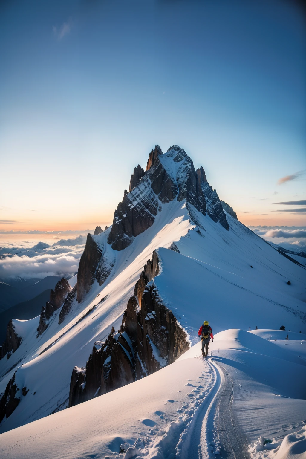 ((Best quality at best)), ((tmasterpiece)), Burning clouds,Climbers,snow mountains,evening light