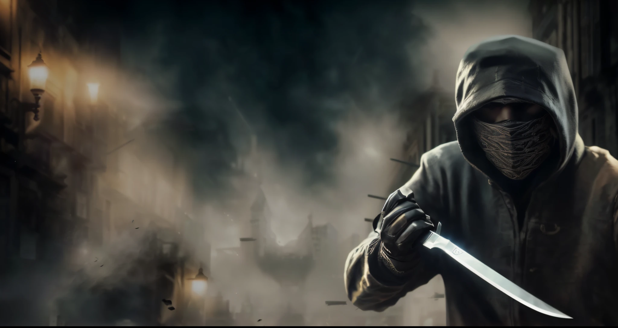 gangster，There  a hooded man holding a knife in a dark room, background artwork, Background image, high-quality wallpaper, 3D rendering and matte painting, Portrait shooting, game art matte painting, dramatic cinematic action shot, game background, cg art, wallpaper hd, Wallpaper 4k