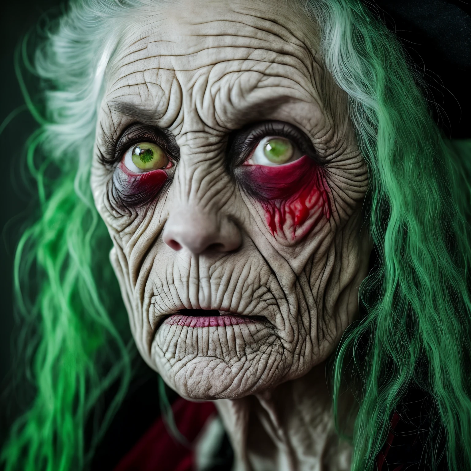 Horrifyingly ugly witch 🧙, green crusty skin, red eyes 👀, blood 🩸 coding from her eyes 👀, nasty bitch, ugly, mean looking