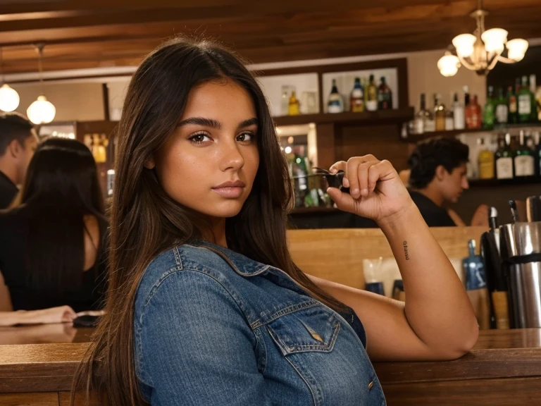 20-year-old tanned Argentine girl measures 1,50 and has an athletic body.., Cabello rizado hasta los hombros, perfect face and brown hair, en un bar, sentado en una silla de madera (de noche) (top corto color negro) (jean de mesclilla) posando casual