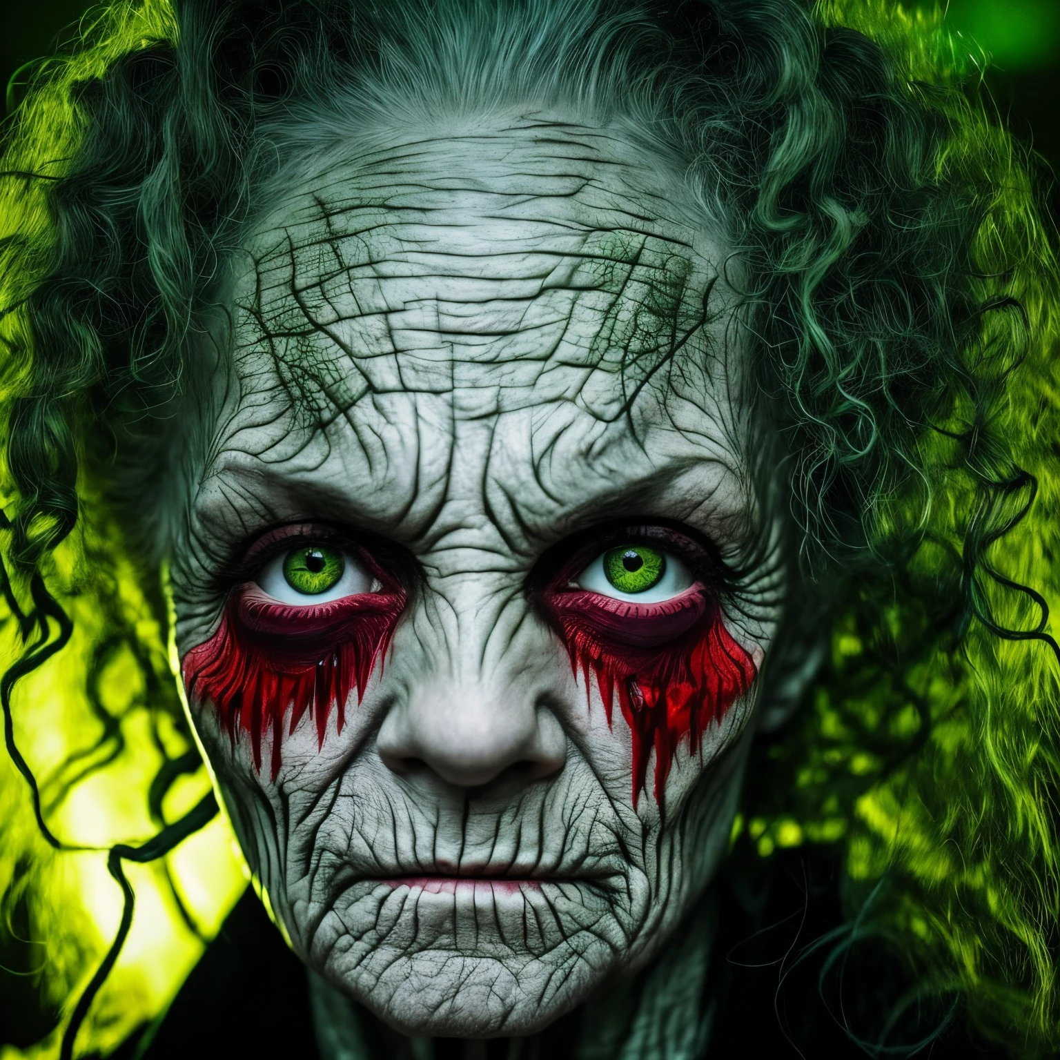 Horrifyingly ugly witch 🧙, green crusty skin, red eyes 👀, blood 🩸 coding from her eyes 👀, nasty bitch, ugly, mean looking, zombie whore