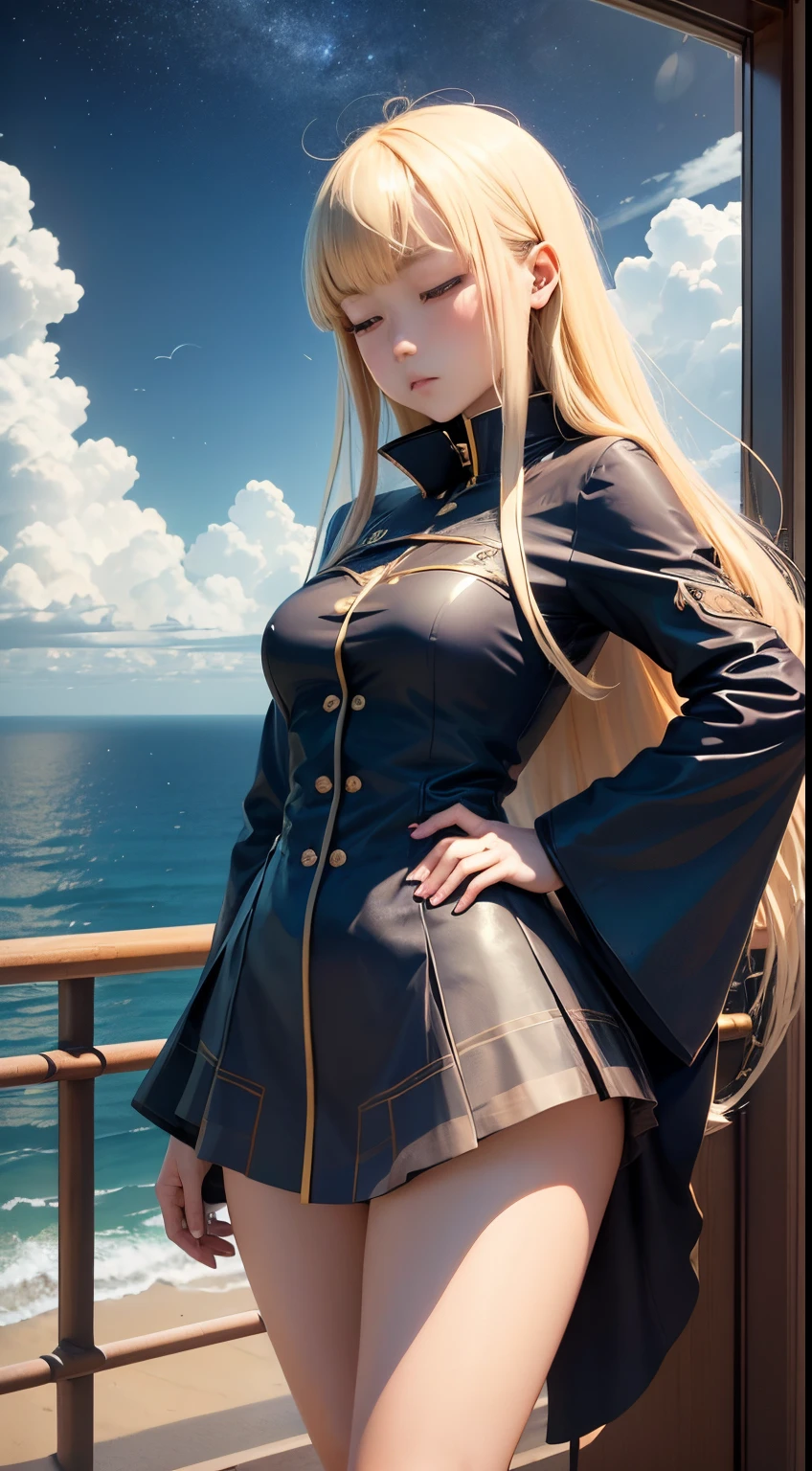 Tom Bonson, Shin Kibayashi, Surreal, mysterious, strange, fantastical, fantasy, Sci-fi, Japanese anime, giant music box, sleeping world, traveling blonde miniskirt beautiful girl Alice, perfect voluminous body, the sea, the sky, the road that continues, detailed masterpiece