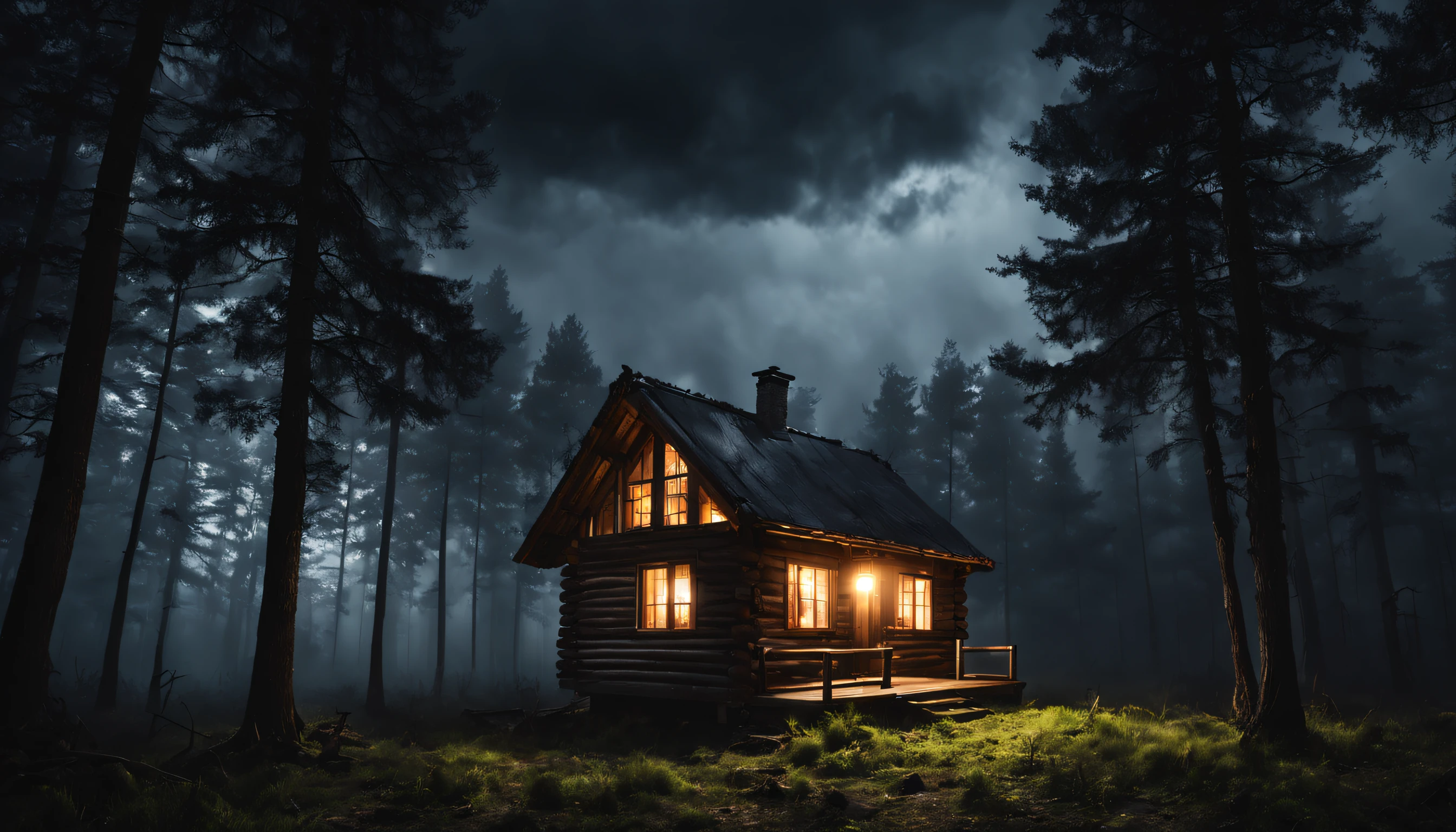 create a photo of a realistic cabin in an open forest at night with lights on, showing a cloudy sky surrounded by dark storm clouds, Fotografia 4k, dark scenery with lots of fog, solo molhado, tempo chuvoso, UHD