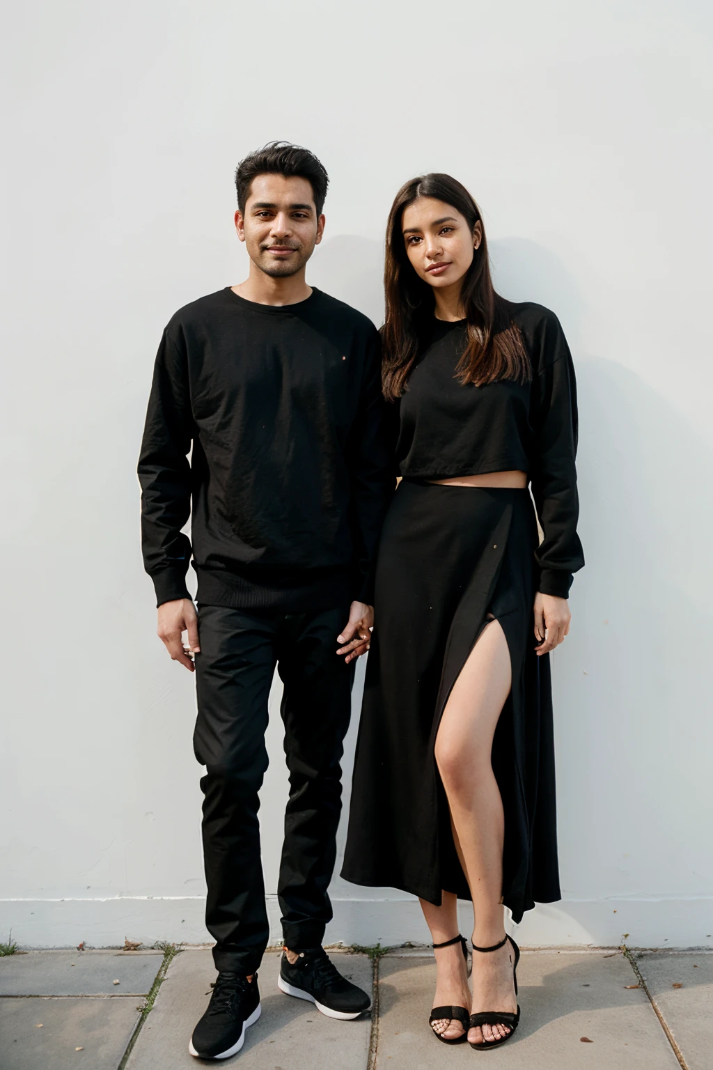 araf and a woman standing next to each other in front of a wall, couple pose, lovely couple, couple, full protrait, happy couple, with black, couples portrait, couple portrait, portrait full body, wearing black modern clothes, full body photogenic shot, full body photoshoot, intertwined full body view, full body photograph, fullbody or portrait