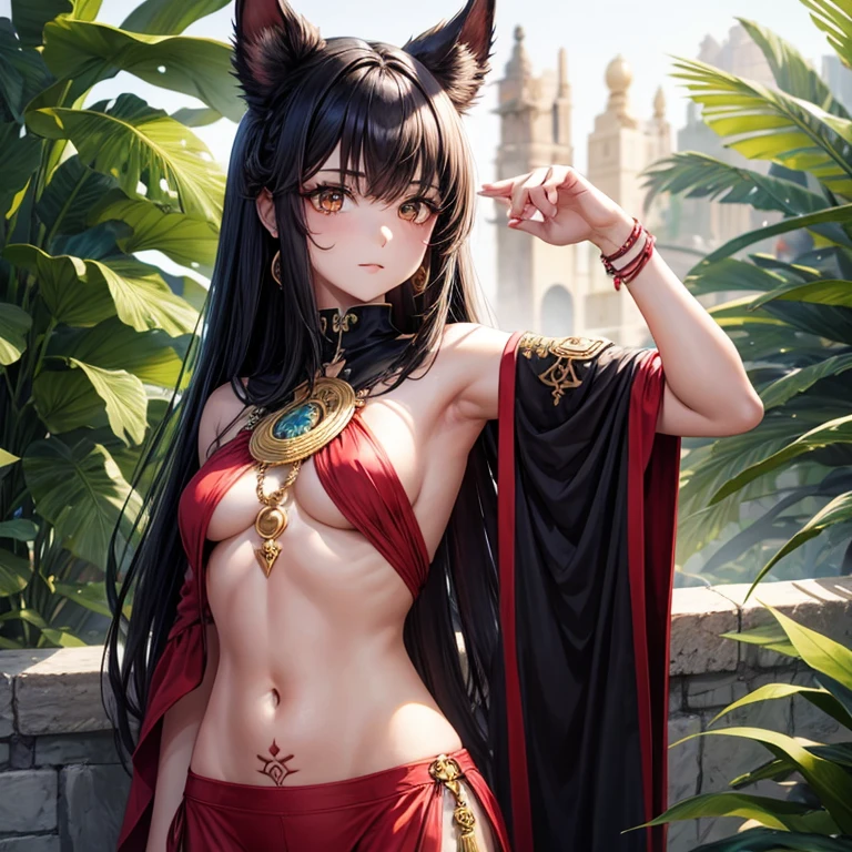 girl aged 24 years, poca ropa, ropajes con detalles de oro, egipcia, orejas de anubis, ojos rojos, mirando al espectador, con los brazos elevados, piel morena, cola de zorro, alta defincion en el detalle, cabello muy largo, cabello colpe rojo, fondo desertico, incada, cuerpo completo, ojos rasgados, sexy, semi vestida, tatuajes dorados, arete en el ombligo, anubis