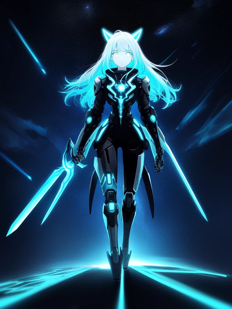 tiny girl，white color hair，dyed cyan hair，Long whit hair，Glowing cyan eyes mechanical animal ears，He was holding a large white sword in his left hand，full body Esbian，looking at the stars，Chosen Ji，Cyberpunk Personality，A futuristic，neon light，Cinematic composition，paint drips，plethora of colors，A complex and detailed masterpiece，Highest image quality，8K分辨率，PC Wallpapers，Colorful starry sky background