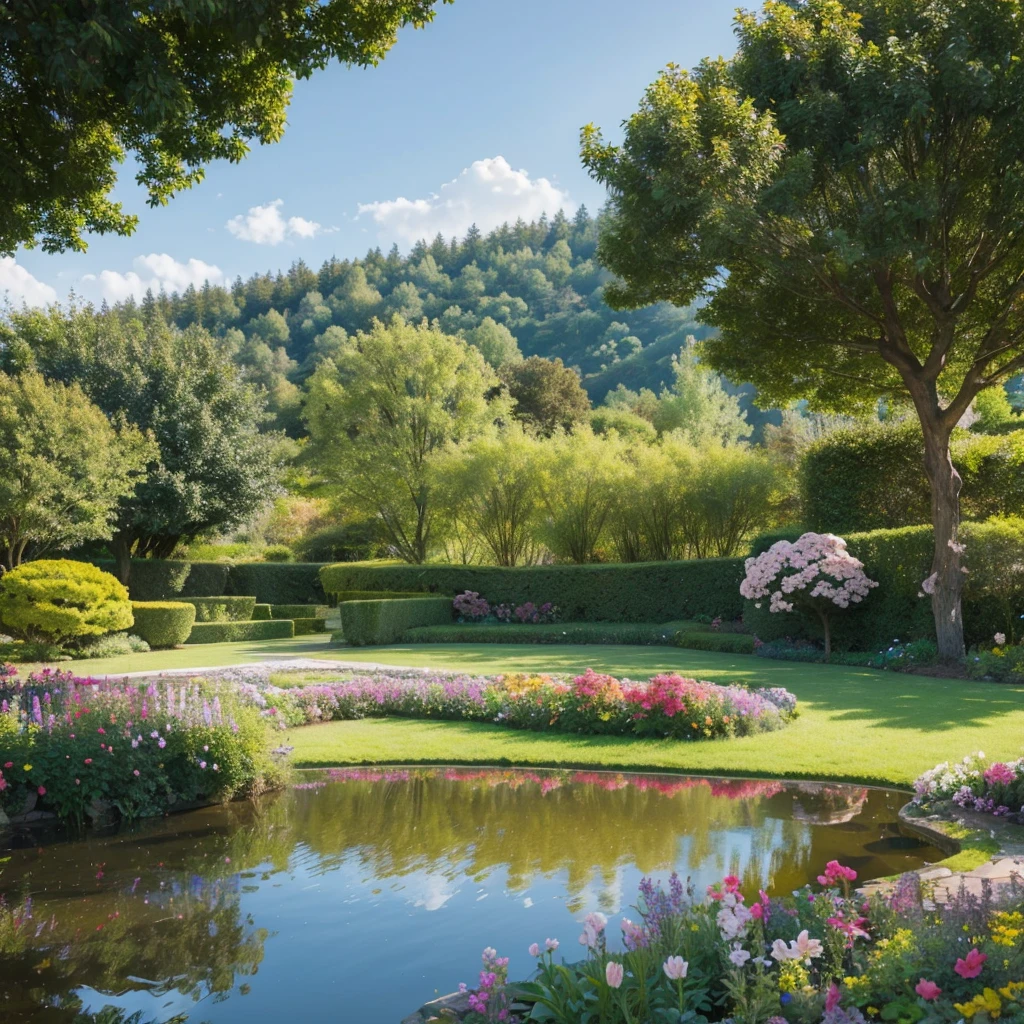 Eden's garden in heaven, beautiful landscape, magestic, ethereal, golden, trees, lake, bushes, flowers