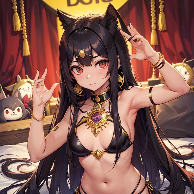 Chica zorra, poca ropa, ropajes con detalles de oro, egipcia, orejas de anubis, ojos rojos, mirando al espectador, con los brazos elevados, piel morena, cola de zorro, alta defincion en el detalle, cabello muy largo, cabello colpe rojo, fondo desertico, incada, cuerpo completo, ojos rasgados, sexy, semi vestida, tatuajes dorados, arete en el ombligo, anubis