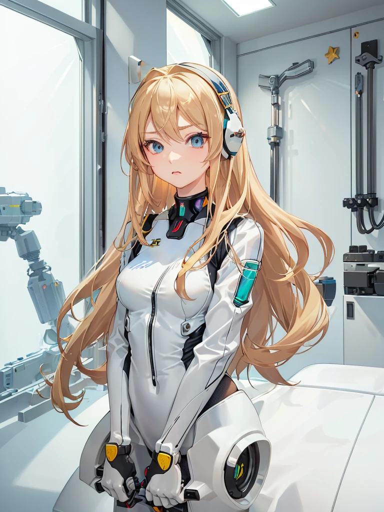 (aerial photograph), dynamic ungle, ultra-detailliert, diagrams, close-up, straightened, 1girl in, nowi,
 ((Souryu Asuka Langley, Headset interface, Bodysuit Vermelho: 1.4, blond),Her eyes were shining like dreaming stars,(Bright eye:1.233),(beautifully detailed eyes:1.1),(No Expression, Mouth closed),(standingn), 
(Mechanical room with tools and spaceship window in white spaceship),
(natta: 1.2), dreamer, [[Delicate fingers and hands: 0.55]::0.85],(Detail fingers),