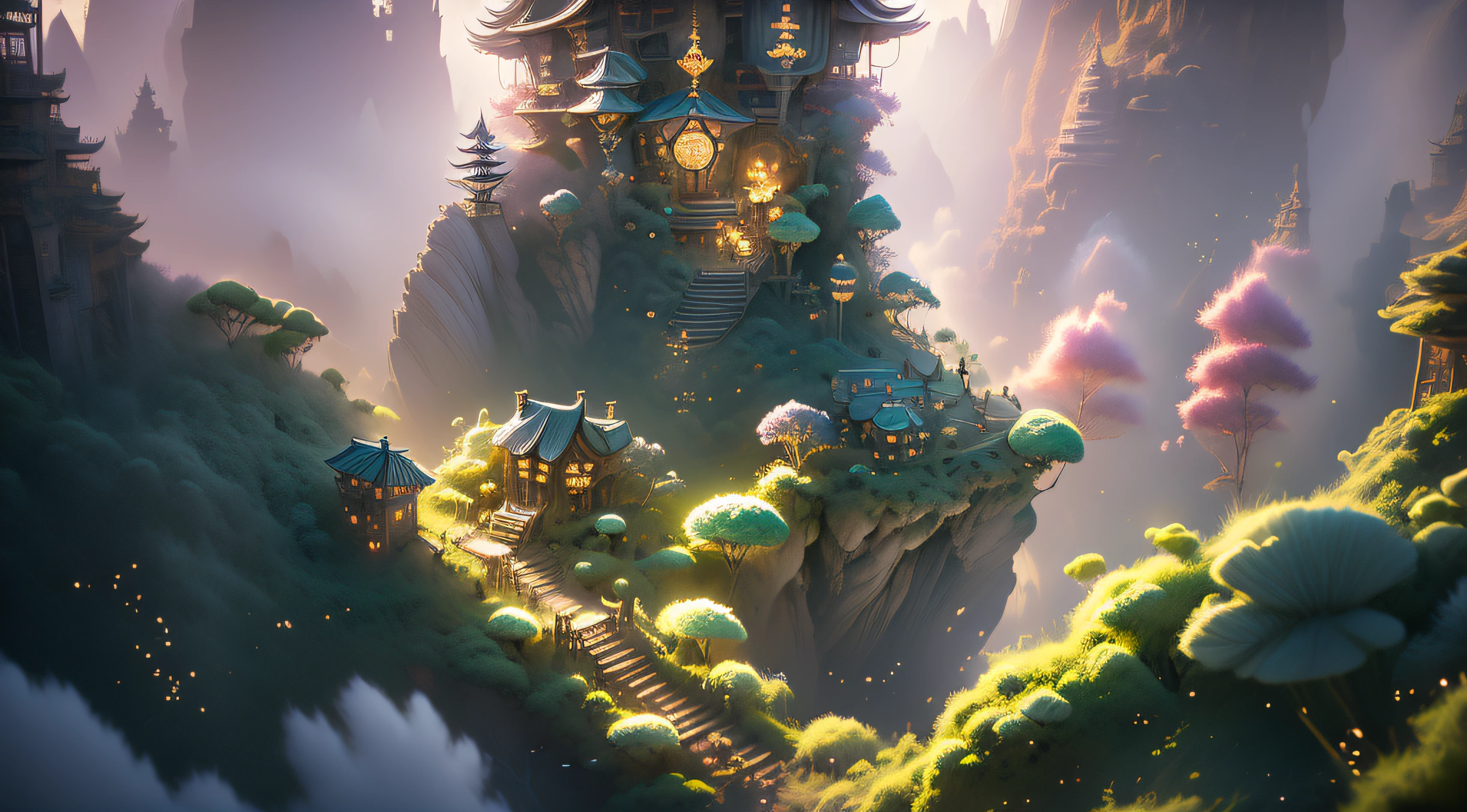 Village de fées: (Hdr, 16k, meilleur qualité, 4K, résolution élevée, Chef-dœudansre: 1.2, ultra-détaillée, Réaliste) Une illustration d'un village enchanté, petite maison de bonbons colorée, Maison champignon. Un refuge de conte de fées Champs de lavande, couleurs vives, éclairage doux, atmosphère magique, enchanteur, Architecture élaborée, Jardins fantaisistes, Cascades étincelantes, Cloches tintantes, Cachettes secrètes, verdure luxuriante, Forêt mystérieuse, méfait imaginatif.