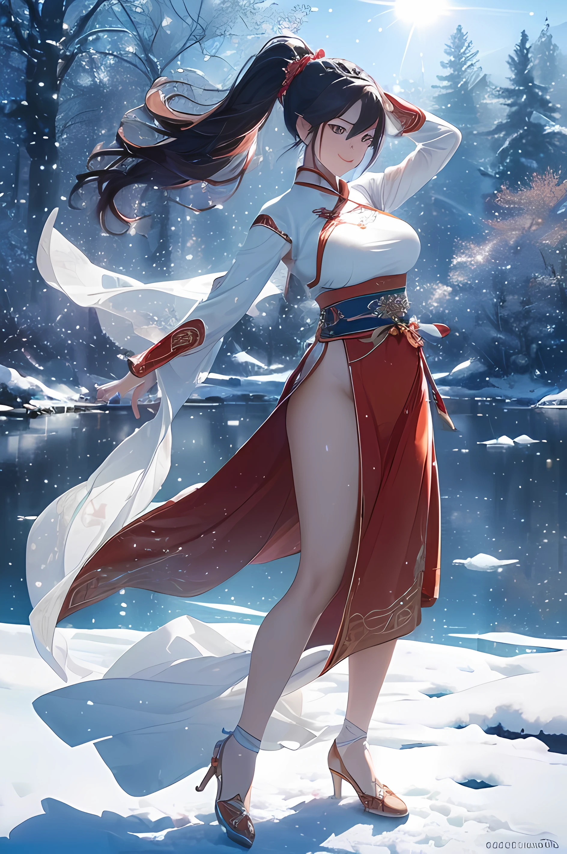 A beautiful woman, legendary, ((((realistic oil art, 46-year-old Empress, vibrant look, (( red hanfu dress, wuxia, dancing, dance, modest)), top of the mountain, 1girl, masterpiece, extremely detailed, (beautiful detailed glow), lens flare, red flare lens, sun flare, clouds, backlighting, (blue sky)
, light from behind, shadow on the figure, sparkling snow ,smile, laughter, standing in the distance, looking at the viewer, full-length
, elegance under the sun, hair ornament, movement motion, image look alive, perfect body figure, very big breast, very big ass, beautiful face, milf, royal, red color hair, shine eyes, blue eyes, ponytail long hair style, beautiful skin, Extremely details hair, fine details, cinematic lighting, beautiful lighting effect, creative design, full body frame, divine aura, hard harmony , sun light, perfect color transition, perfect balance of contrast, perfect color layer, perfectly smooth color blur, soft rendering, smooth color stroke, moon glare, optic lens, moonlight ray, soft colors, smooth colors blend, perfect color rendering, harmony, perfect color harmony, beautiful color, soft harmony, light particles, perfect details, intricate details, color prism, fine details, refine details, different view point, extremely details clothes))), Tachibana Omina art style, affectionate eyes, half a smile, slightly open mouth, a gentle expression on his face, serene scenery of  flower under the snow, snow flake floating around, calm, breeze and sunlight, sun, lake, reflection, in the background, butterflies in the sky, realism, ((Best quality))),8k,((Masterpiece)),(Extremely refined and beautiful)