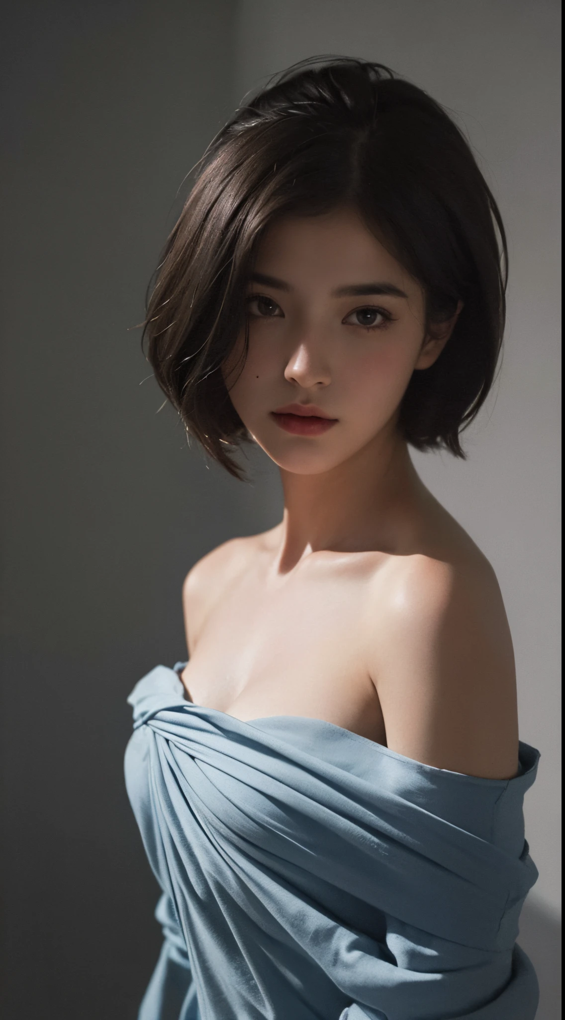 Best quality, masterpiece, ultra high res, (photorealistic:1.5), raw photo, 1girl, offshoulder, in the dark, deep shadow, low key, cold light, sexy look, short hair