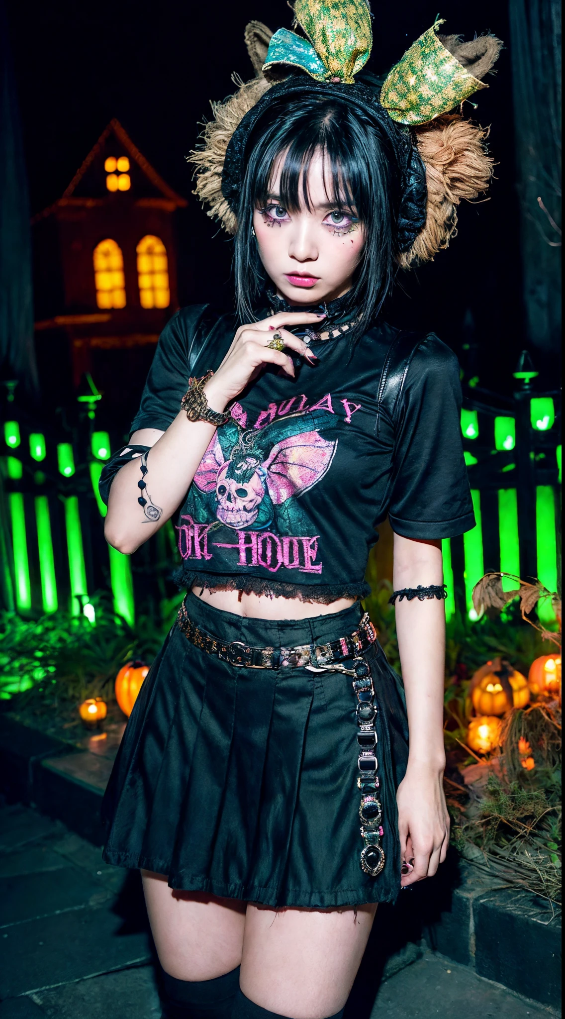 (Ultra-detailed eyes), (((textile shading))), (((Best Quality))), (((masterpiece))), (((Ultra-detailed CG))), sassy girl, (((magical little girl))), (Petite), (tiny chest), black hair, black hair, black hair, black hair ((ponytail hair, gorgeous hair)), Spooky Season In Punk outfit, Spooky Season In Punk outfit, vibrant Spooky Season In Punk scene, Spooky Season In Punk, Spooky Season In Punk ambiance, Spooky Season In Punk at the front of haunted house:0.2 Spooky Season In Punk image of a women Spooky Season In Punk outfit, immersed in the vibrant atmosphere of a front haunted house. His attire reflects the fashion trends of the Spooky Season In Punk. The Spooky Season In Punk haunted house scene alive with pulsating lights, a lively haunted house, The Spooky Season In Punk ambiance transports viewers back to the spooky and punk era, capturing the spirit of spooky and punk, and self-expression that defined the Spooky Season In Punk culture. heart panel baby tee, black pleated mini skirt, pastel color, night