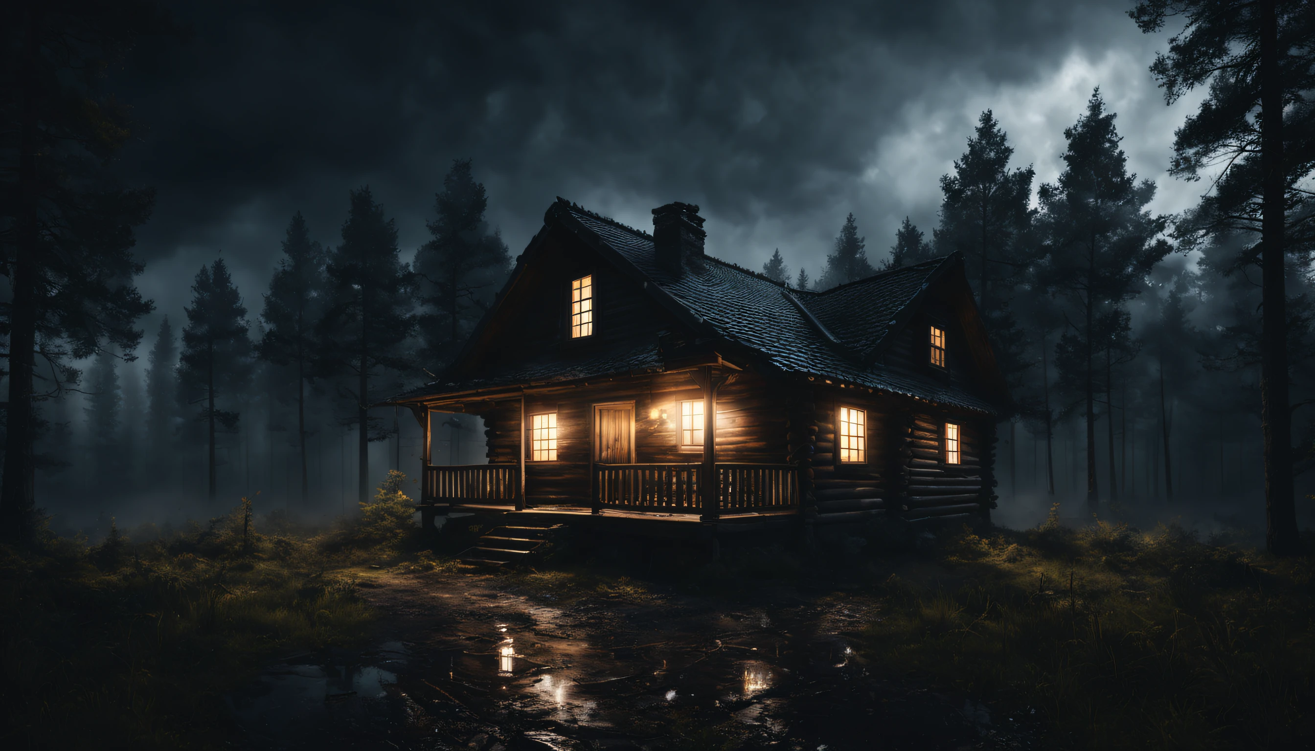 create a photo of a realistic cabin in an open forest at night with lights on, showing a cloudy sky surrounded by dark storm clouds, Fotografia 4k, dark scenery with lots of fog, solo molhado