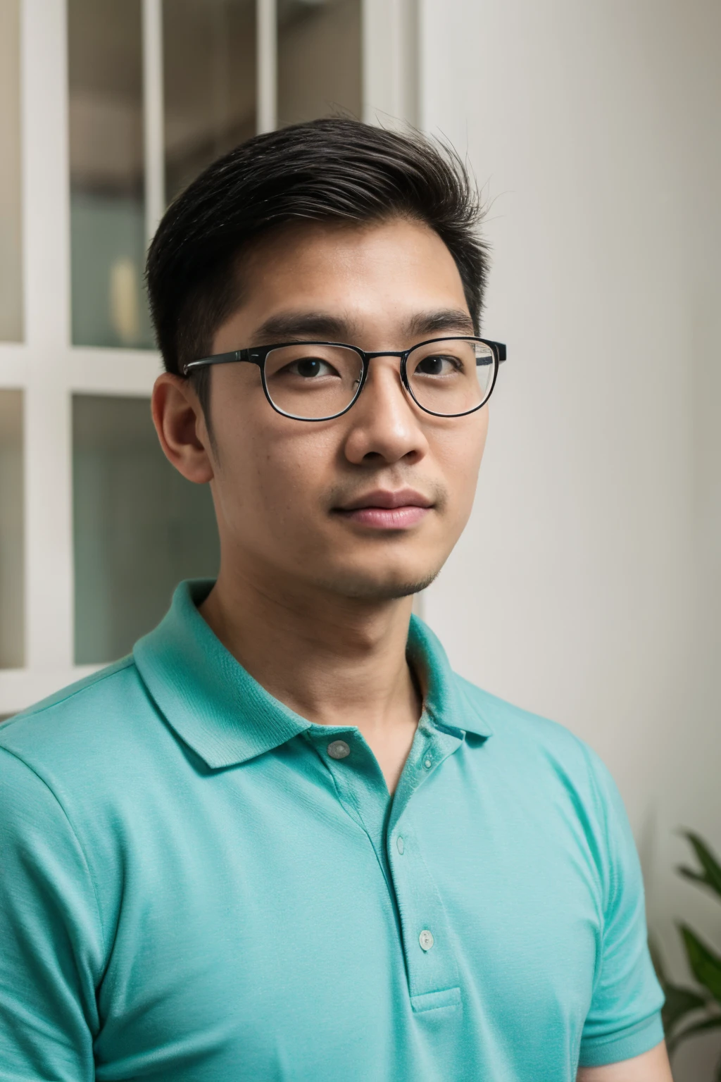 Andrew thomas huang, oval face, eyeglasses, 29 years old, neat muscular, polo shirt, jeans, office