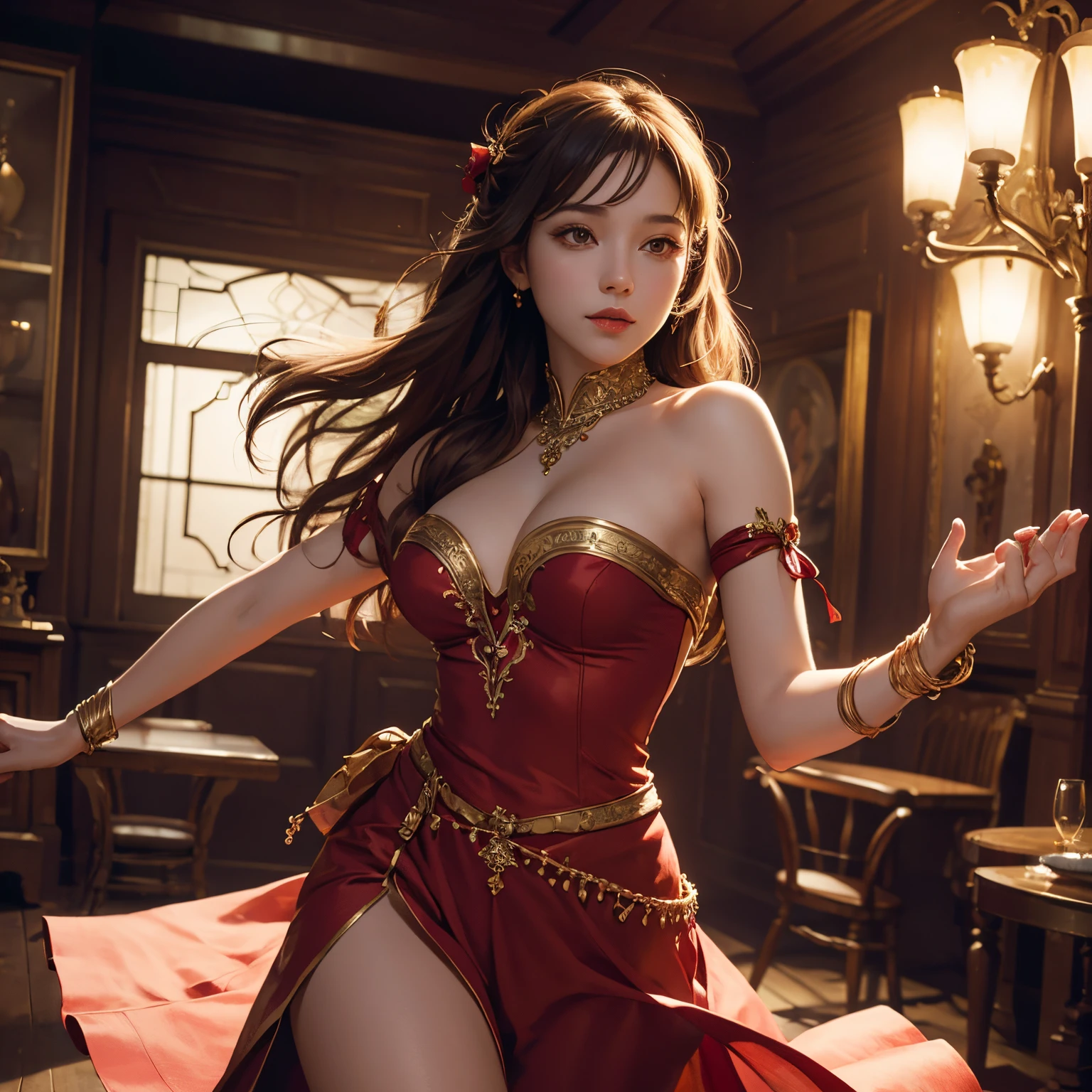 portrait illustration of berry dancer, a beautiful and charming woman berry dancing, cinematic lighting, fantastic atmosphere, perspective low-angle, 2d game animation style