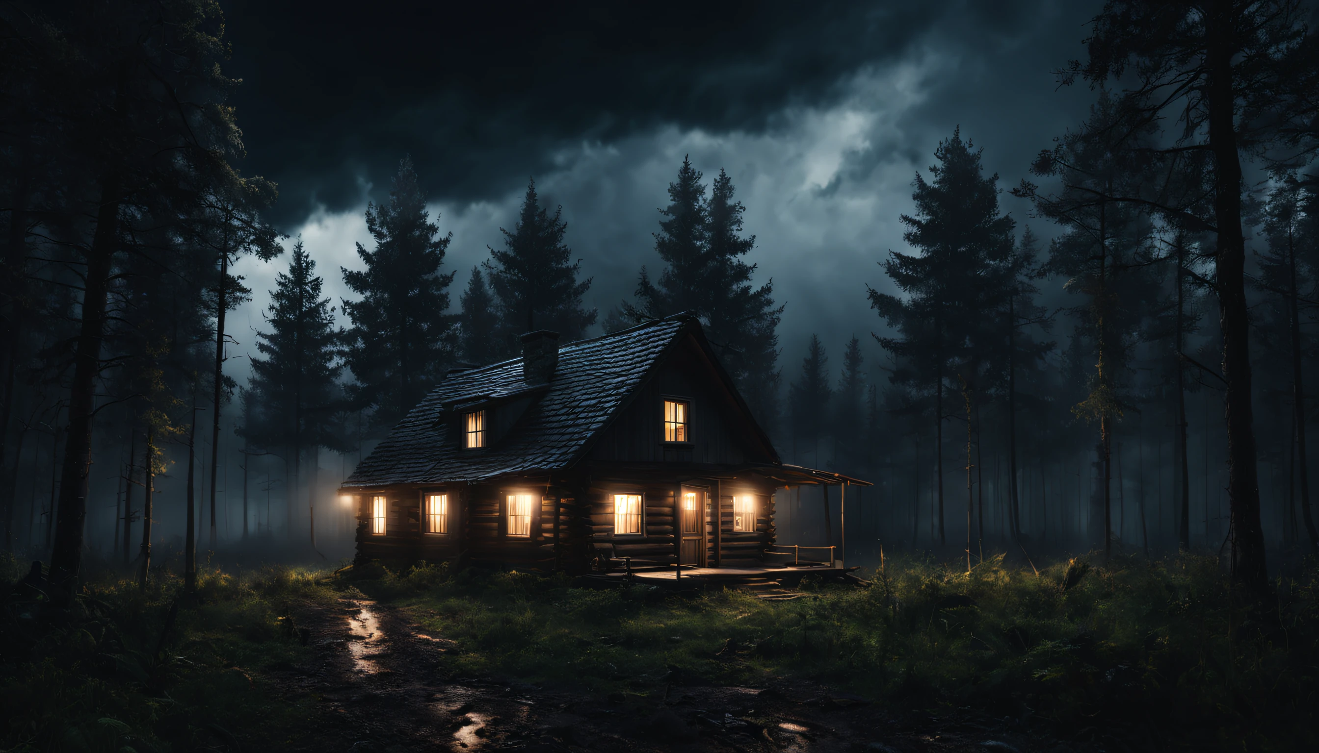 create a photo of a realistic cabin in an open forest at night with lights on, showing a cloudy sky surrounded by dark storm clouds, Fotografia 4k, dark scenery with lots of fog, solo molhado