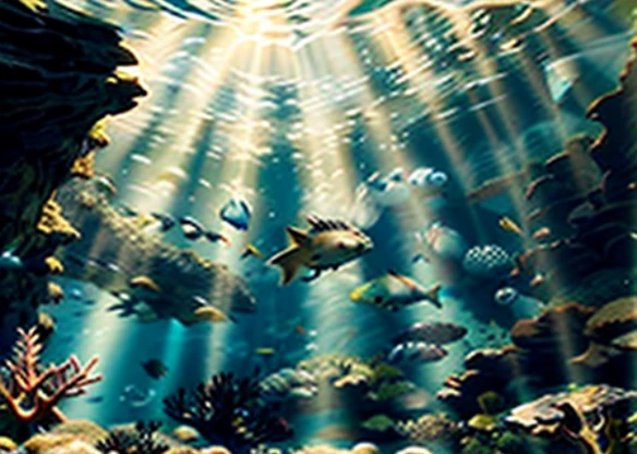 Underwater scenery, wide angle view, ((silhouette)), deep blue mood, dark environment, very deep water, cave diving, (((view from sea bottom, miles far away from water surface))), looking upward, hazy back lighting)), flocks of fishes 🐟🐟🐟🐟🐟🐟🐟🐟, many rare sea creatures, Tardigrade, (Pantopoda), Giant Isopod, Chimaera, prehistoric sea creature, sea cliffs, epic acrylic painting