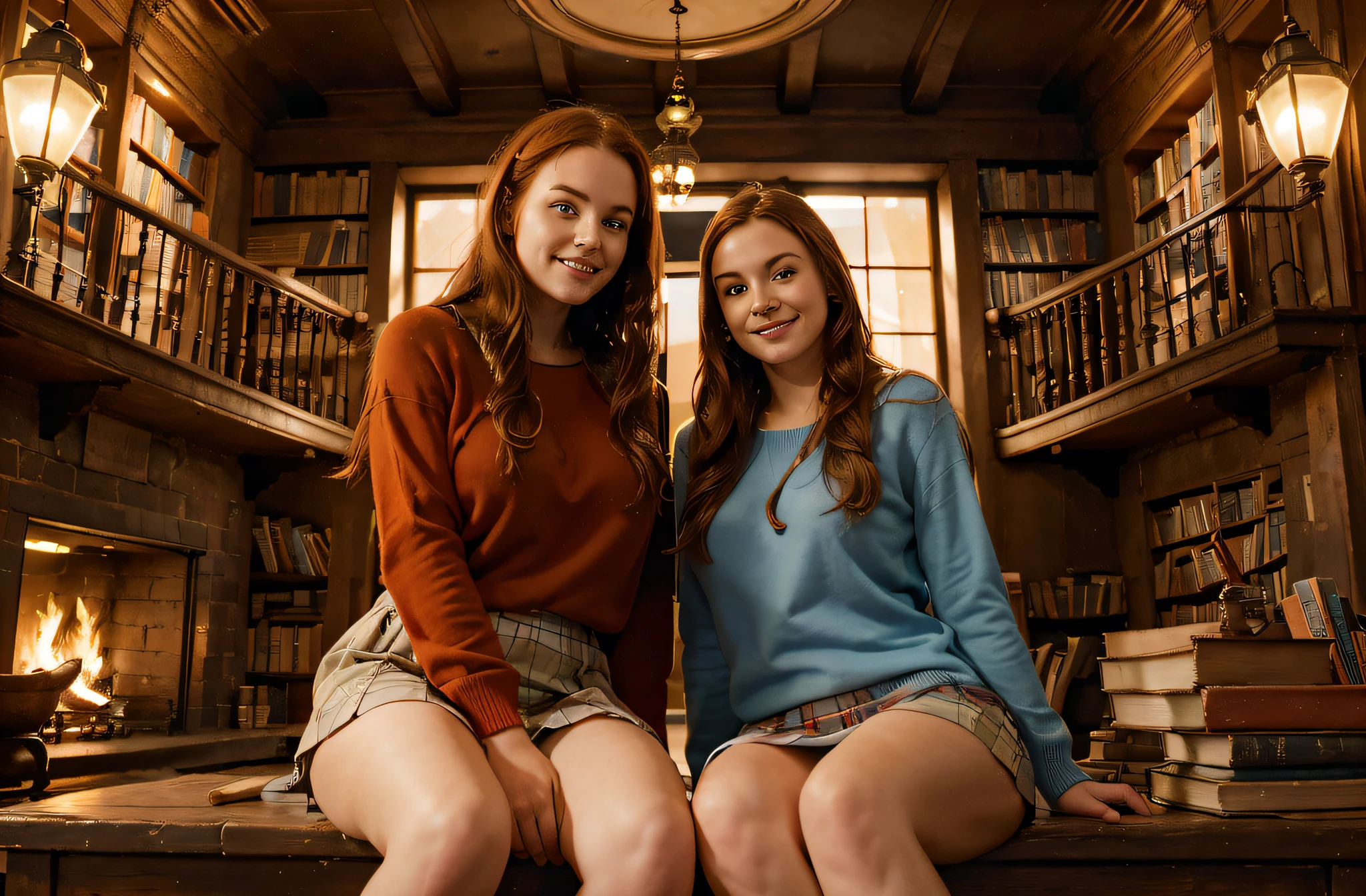 photo realism, HD low angle, close up image of a sensible, bookish 22 years old British woman, long raven hair braided, sitting next to a 24 year old beautiful red head Irish Girl with long bright red hair, wearing a thick white pullover, legs crossed, wearing a thick traditional English pullover, wearing a long tartan skirt, standing in front of an old building that  on fire, big smile, deep blue eyes, high detail eyes, full figure, small breasts, burning library in the background, lots of people in background, dynamic lighting, cinematic shadows, flat art, uhd, absurd