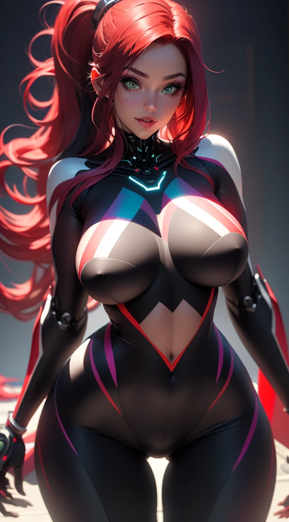 ((Best Quality)), ((Masterpiece)), (Detail: 1.4), 3D, Goddess with green eyes, A Beautiful Cyberpunk Woman with long hair, (((((Black and red gradation hair))))), Cybernetic hands, Cybernetic legs, NSFW, pastel, Centered, scale to fit the dimensions, nffsw (High dynamic range),Ray tracing, NVIDIA RTX, Hyper-Resolution, Unreal 5, Subsurface Dispersion, PBR Texture, Post-processing, Anisotropy Filtering, depth of fields, Maximum clarity and sharpness, Multilayer textures, Albedo and specular maps, Surface Shading, accurate simulation of light and material interactions, Octane Render, Two-tone lighting, Wide aperture, Low ISO, White Balance, thirds rule, 8K Raw, Heavy breasts, White Cyber bodysuit, Loraeyes, nijistyle, Green eyes, Huge Breasts, Wide hips, Long Legs, (Visible nipples under:1.2), (Cameltoe:1.2), (seductive smile), Futuristic room,