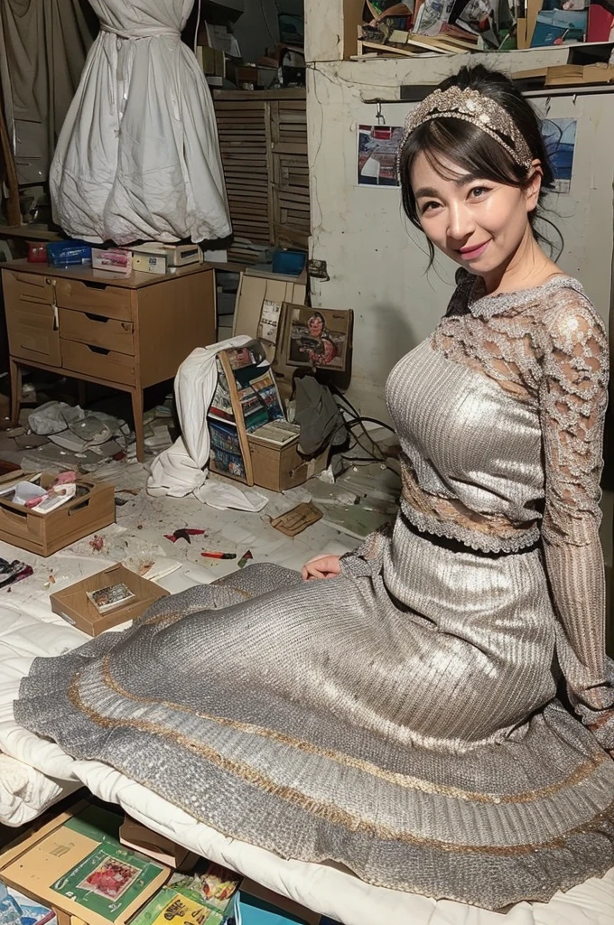 （Top image quality、top-quality、Top resolution、​masterpiece）、a matural female、45 yers old、being thin、With no makeup、(Wearing silver and gold lace underwear:1.2)、(tilt the body)、（Old house）、Jumbled background、 (Messy room:1.5)、Jewelry, underwear, cosmetics, and dolls are scattered around.