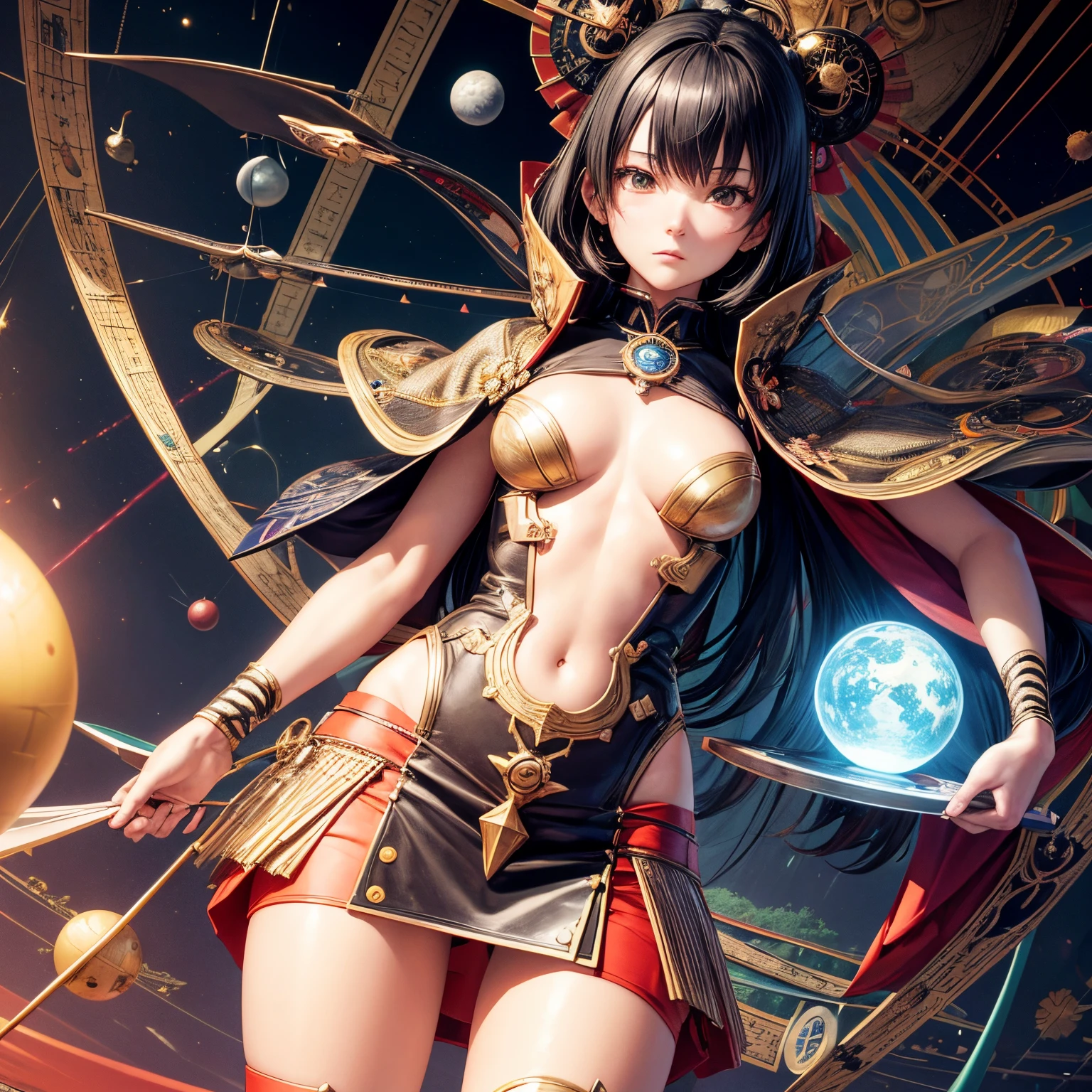 Anthony J Foti, Nobuyuki Anzai, Dadaism, wonder, strange, fantastical, fantasy, Sci-fi, Japanese anime, number circus, compass drawing, 3D solar system map, miniskirt beautiful girl, perfect voluminous body, detailed masterpiece