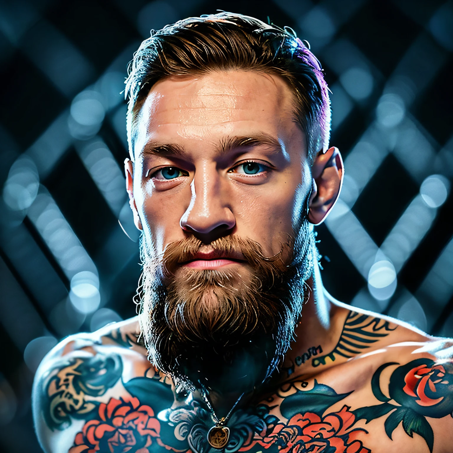 neon light sign in design of conor mcgregor with tatoo and boxing | of gorgeous conor mcgregor high body with tatoo | detailed gorgeous face | precise lineart | intricate | realistic | studio quality | cinematic | luminescence | character design | concept art | highly detailed | illustration | digital art | digital painting| vray-render
